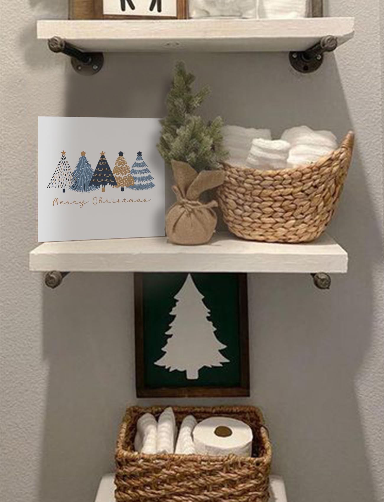 Foritho Navy Blue and Gold Christmas Tree Wooden Box Sign, Preppy Christmas Desk Decor, Merry Xmas Tree Winter Holiday Wood Signs for Home Office Desk Shelf Tabletop Decor,Decorative Signage 5x5 Inch