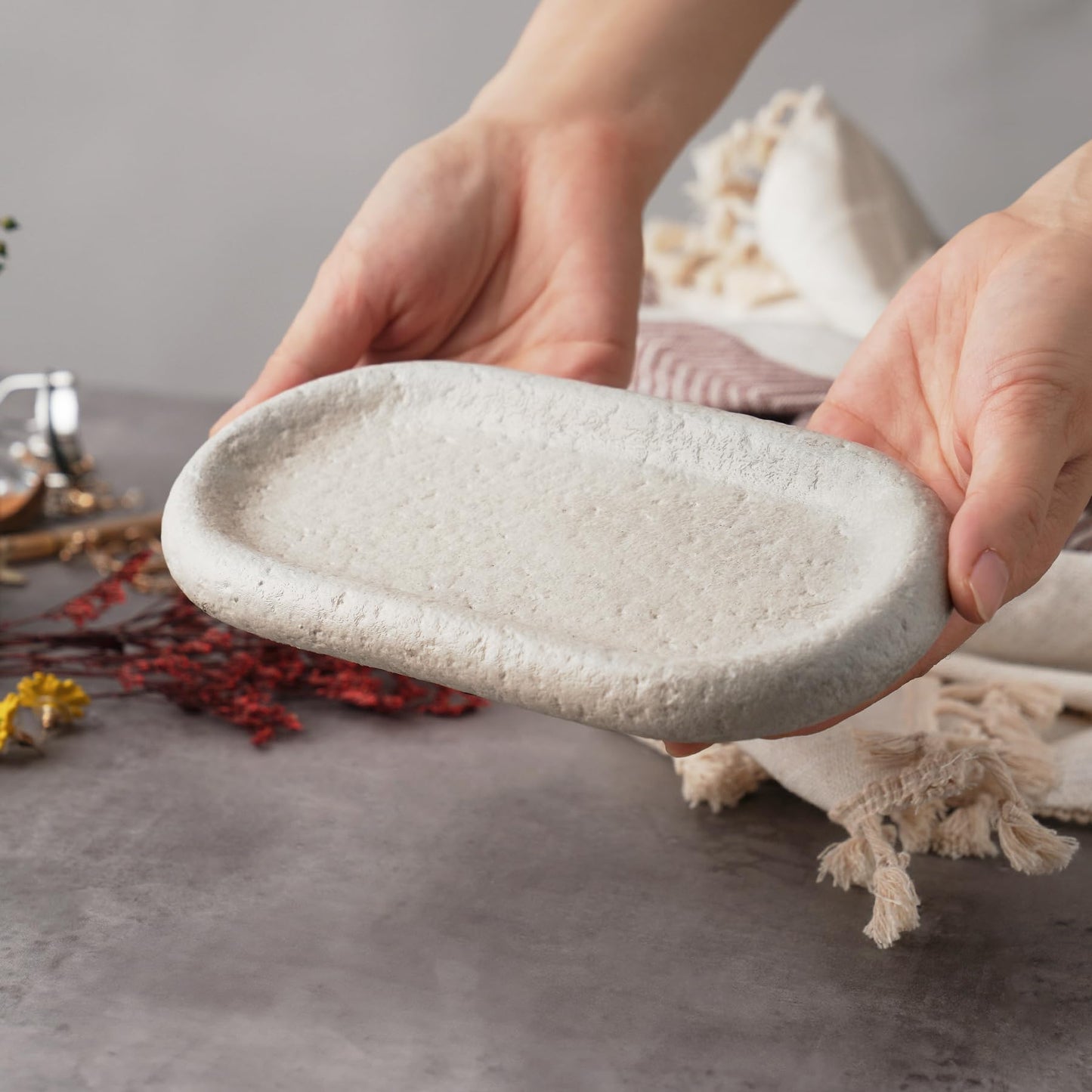 NiHome Natural Travertine Jewelry Tray for Bracelets, Necklaces, Rings, 7.8"x3.9"x0.86" Durable and Easy-to-Clean Key Dish, Minimalist Cement Organizer Decorative Tray for Bedroom, Vanity, Living Room