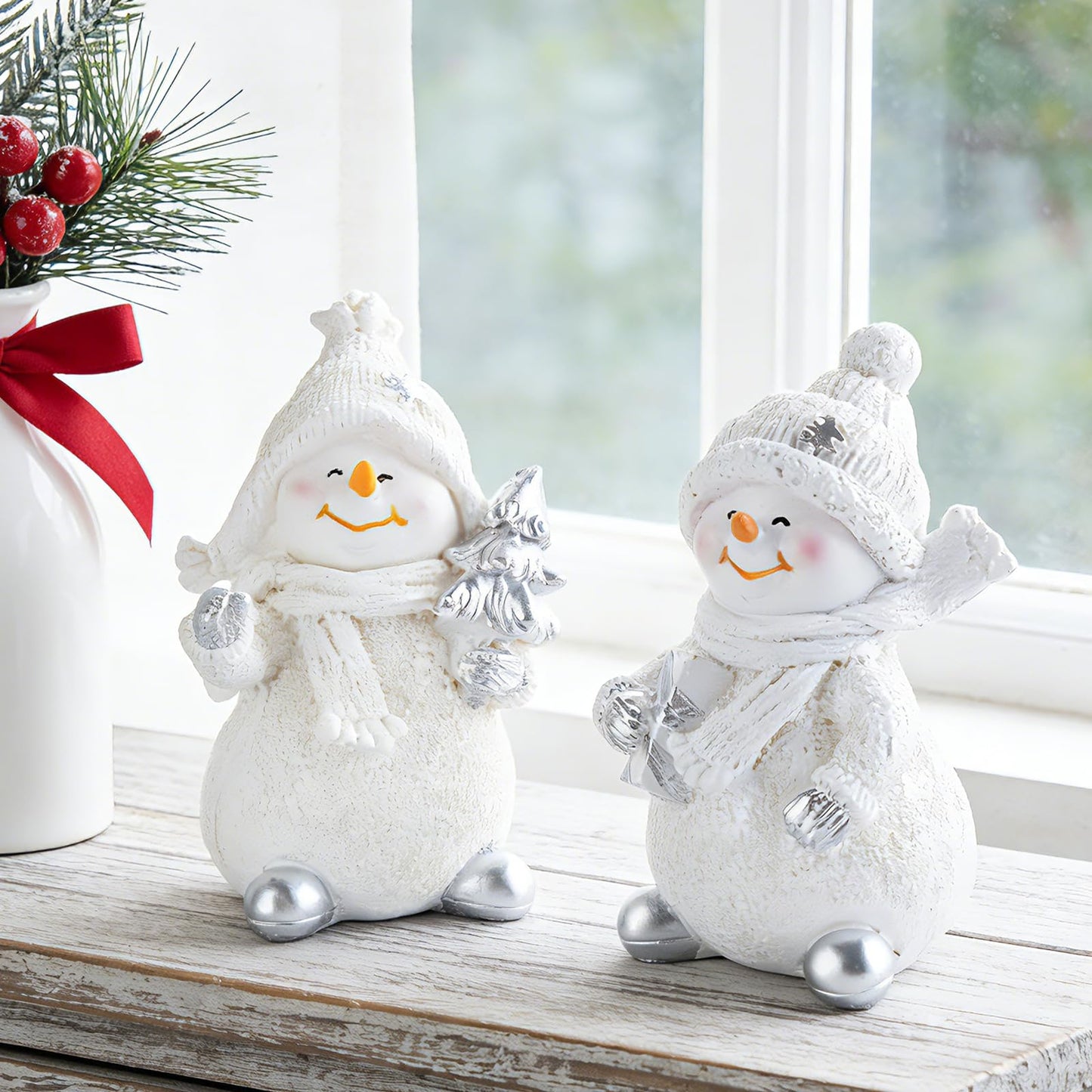 Brizoria Snowman Figurines Set of 2 White Resin Christmas Decorations with Silver Accents Winter Mantel Decor and Holiday Centerpieces for Table Home Indoor Tiered Tray Room Display