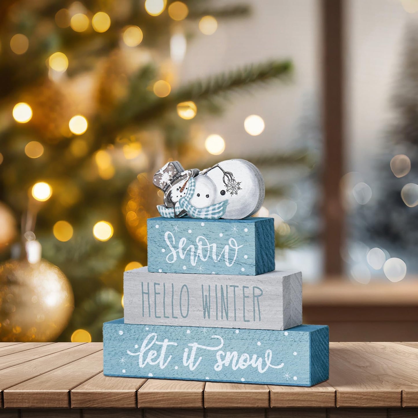 Smile 4 Pcs Christmas Signs, Wooden Tabletop Decor, Let It Snow Hello Winter, Ornaments for Home Shelf Mantel Fireplace.