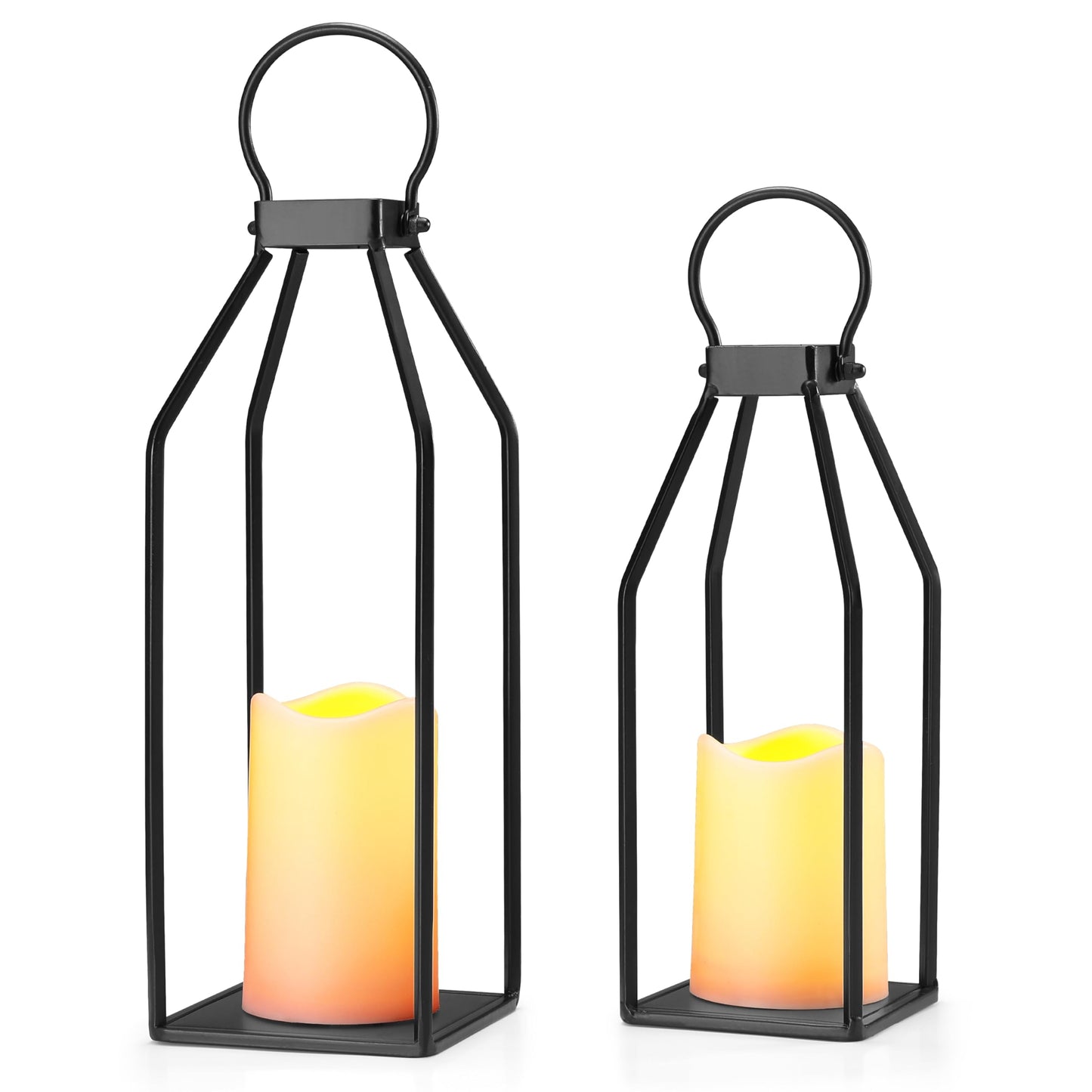 Perfnique Modern Farmhouse Lantern Decor, 15'' 13'' Set of 2 Black Metal Lantern, 2 LED 6hr Timer Flameless Candles & Remote Timer, Lanterns Decorative for Outdoor, Home, Indoor, Patio, Christmas