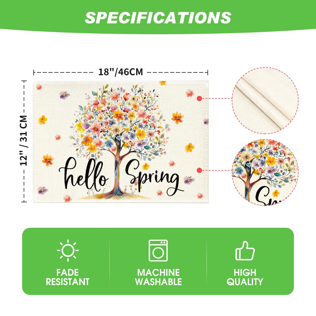 Artoid Mode Floral Tree Leaves Hello Spring Placemats Set of 4, 12x18 Inch Seasonal Summer Holiday Table Mats for Party Kitchen Dining Decoration