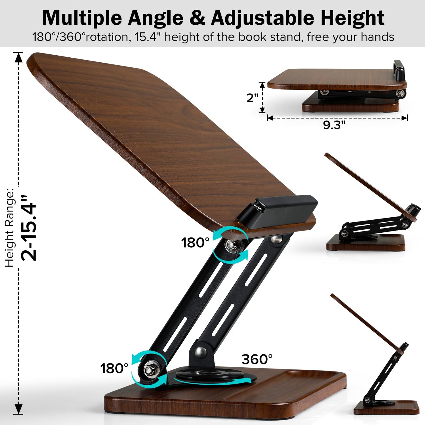 UikJOY Book Stand with Light & Storage, Book Holders for Reading Hands Free, Wooden Cookbook Stand with Adjustable Height & 360 °Angle for Recipe,Magazine,Laptop,Tablet, Bible