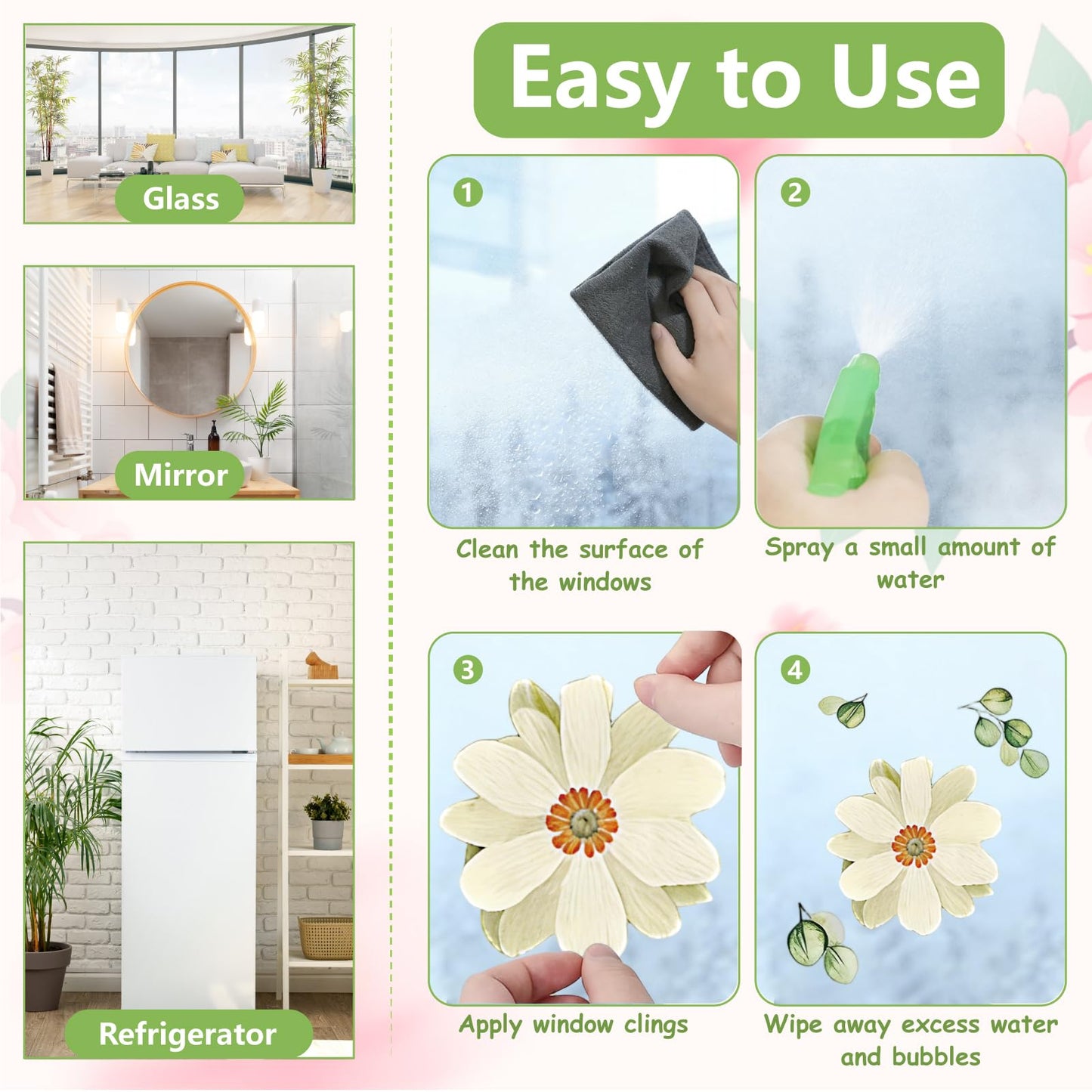 Daisy Spring Flowers Window Clings Eucalyptus Leaves Window Decals Hanging Vine Floral Leaf Double-Sided Reusable for Home School Office Decor Party Supplies,6 Sheets