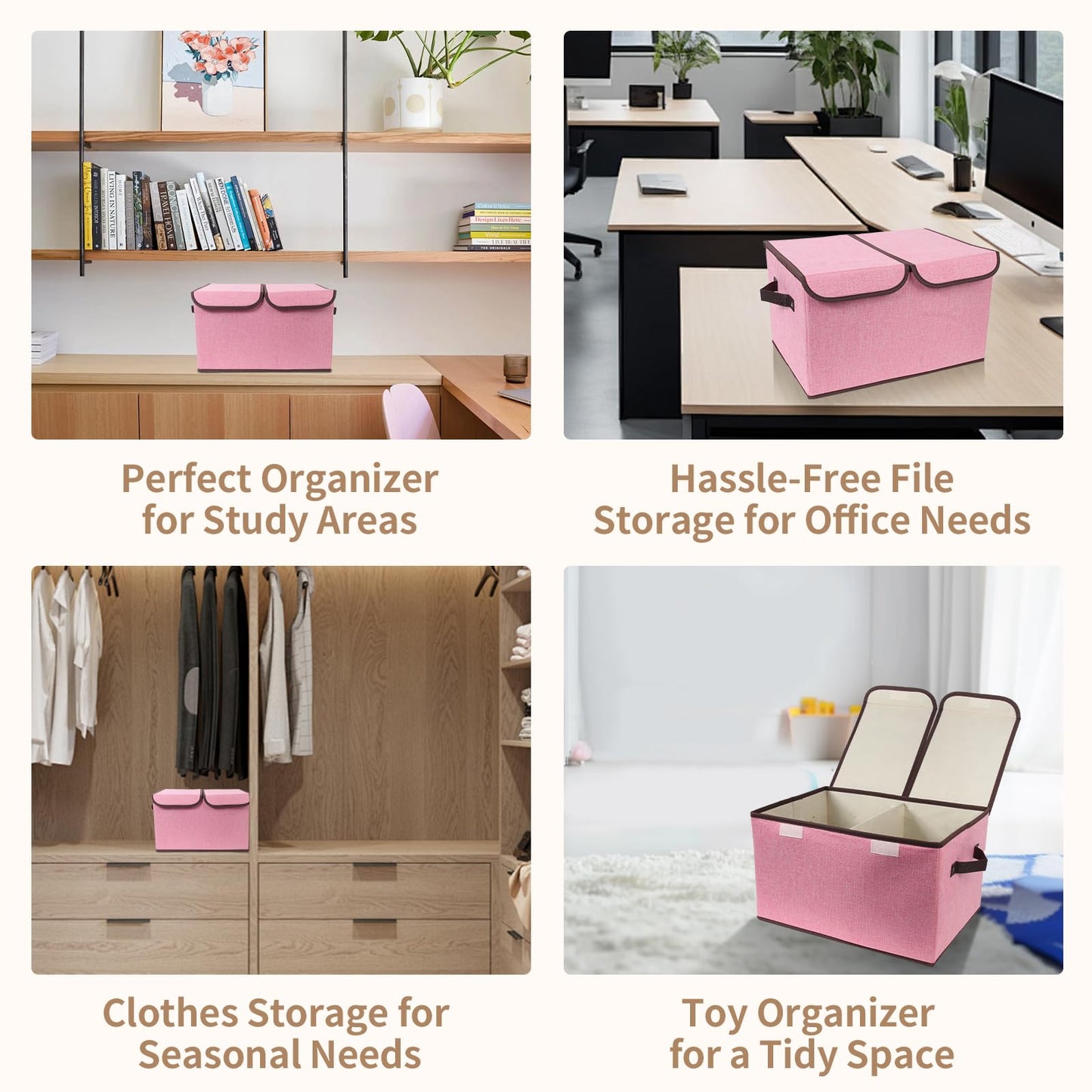 Tcbelosion Foldable Fabric Storage Box, 16.5 x 11.8 x 9.8 inches (L x W x H), with Double-Lid & Dividers, Large Organizer for Home, Closet, Office(Pink)