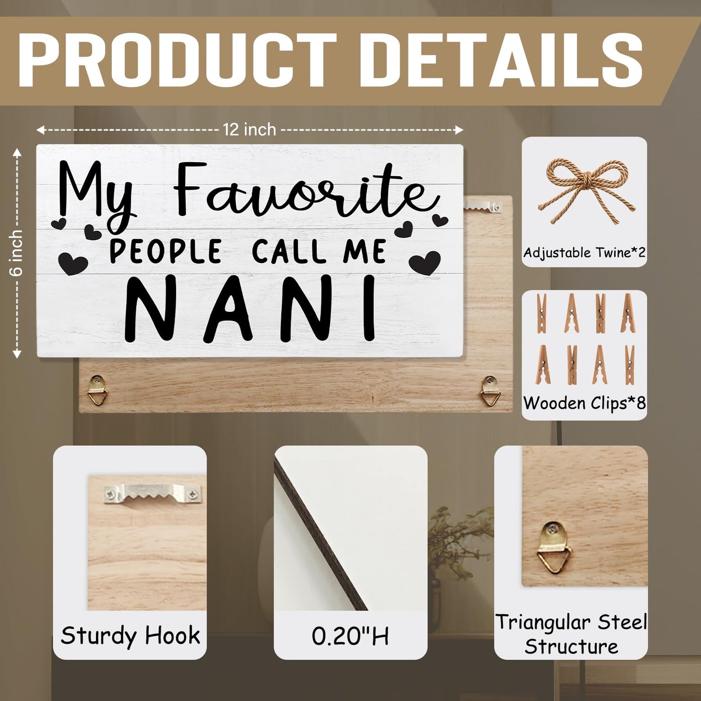 shiviody Nani Picture Frame Photo Holder for Wall, Best Grandma Gifts for Christmas Birthday from Grandkids Granddaughters, Grandmother Gifts Photo Hanging Display Picture Board for Wall Decor