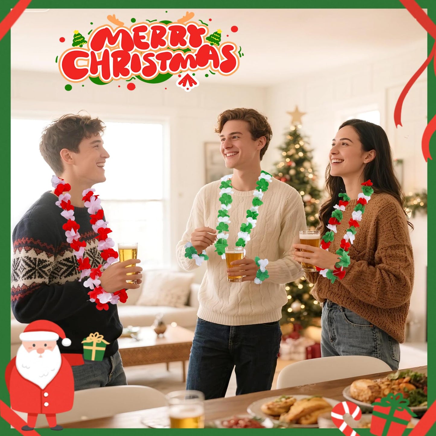 Atonofun 64 PCS Leis for Christmas Party Decorations- Leis Bulk, Red and Green Flower Lei for Adults Birthday Christmas Party Favors Supplies