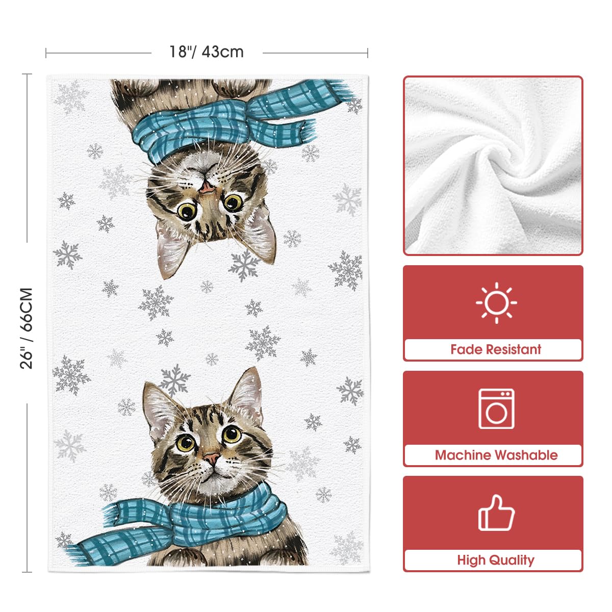 Artoid Mode Blue Cat Hello Winter Kitchen Towels Dish Towels, 18x26 Inch Print Snowflakes Christmas Decoration Hand Towels Set of 2