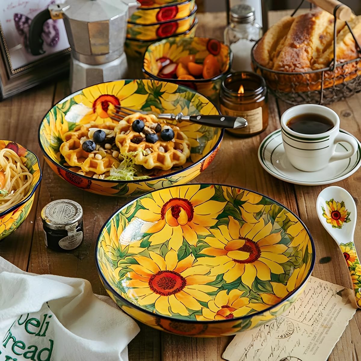 RiJinDuoJin Hand-Painted Ceramic Plates with Lifelike Sunflower Patterns, Smooth Glossy Decorative Serving Plates for Salads, Snacks, Fruits & Appetizers, Warm Cozy Home Dining Ambiance