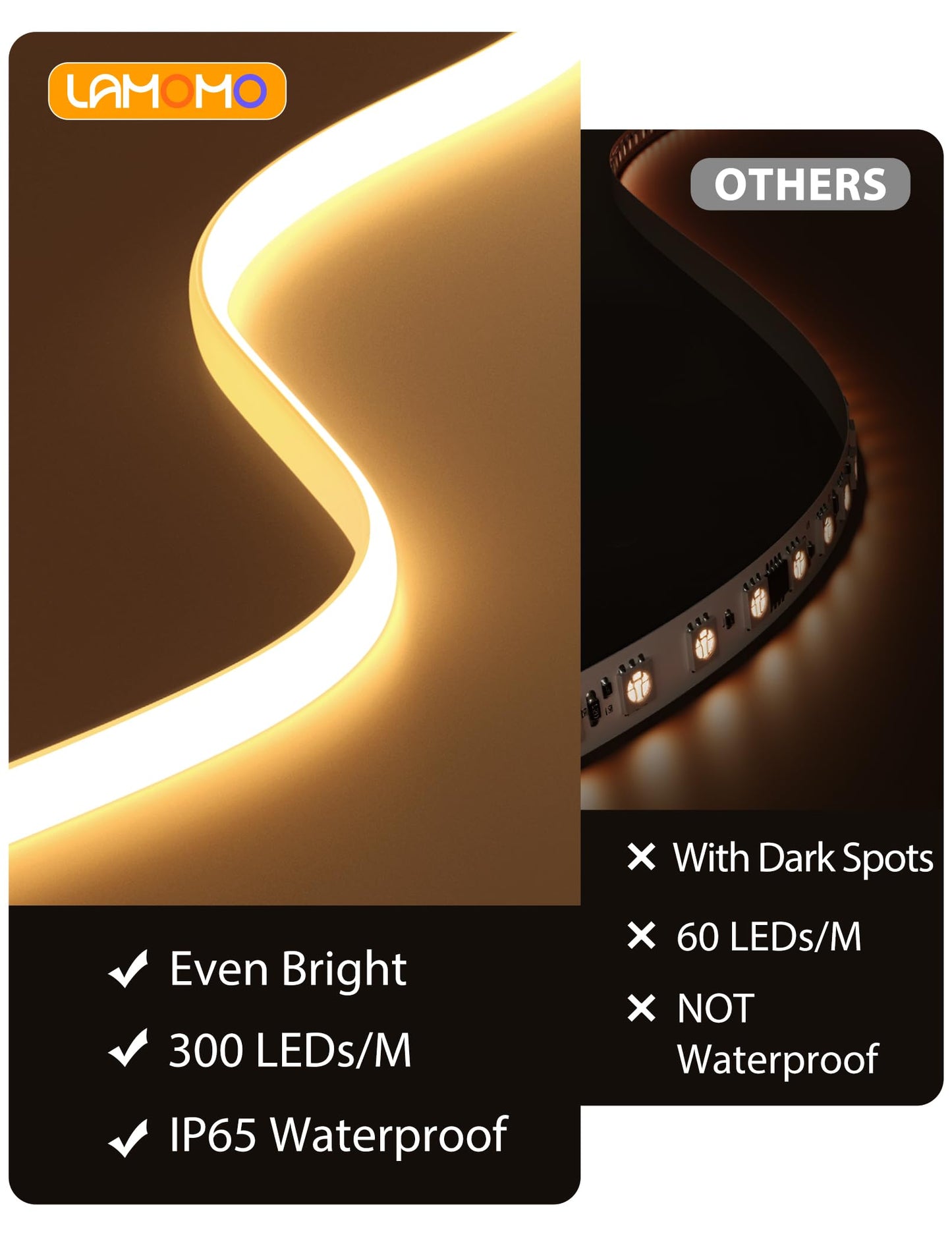 Lamomo COB LED Strip Lights Pro, 16.4Ft Warm White Dimmable Self-Adhesive Led Rope Light with Remote, Flexible Cuttable Waterproof 3000K Silicone Neon Tape Lights for Bedroom, Indoor, Outdoor,Cabinet