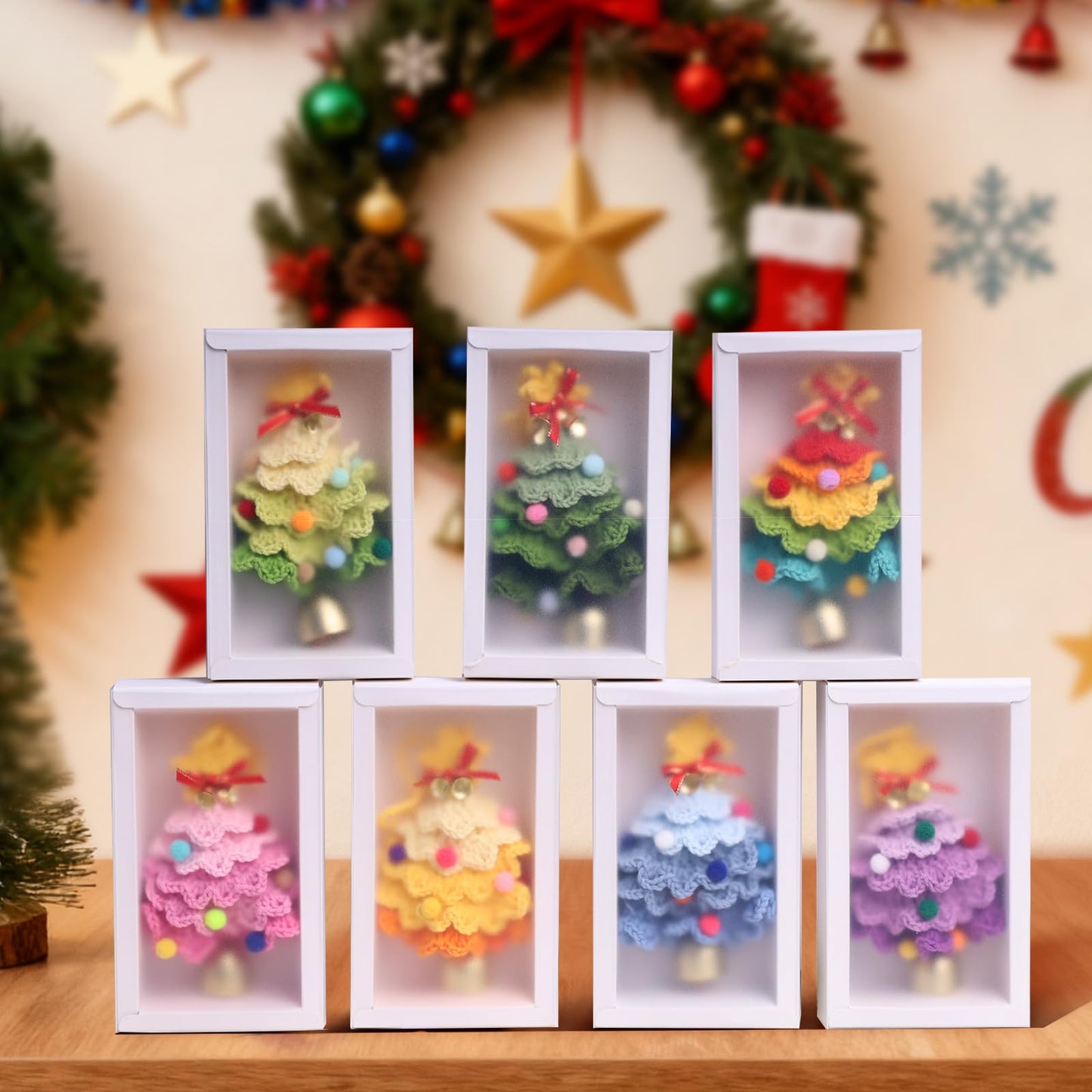 JSSTEM Handmade Crochet Christmas Tree, Hand-Knitted Ornaments Car Pendant with Bells, Stars, Bows & Pom Poms, Cotton Xmas Decor for Holiday Tree, Festive Gift, Home, Car and Party Decor, Yellow