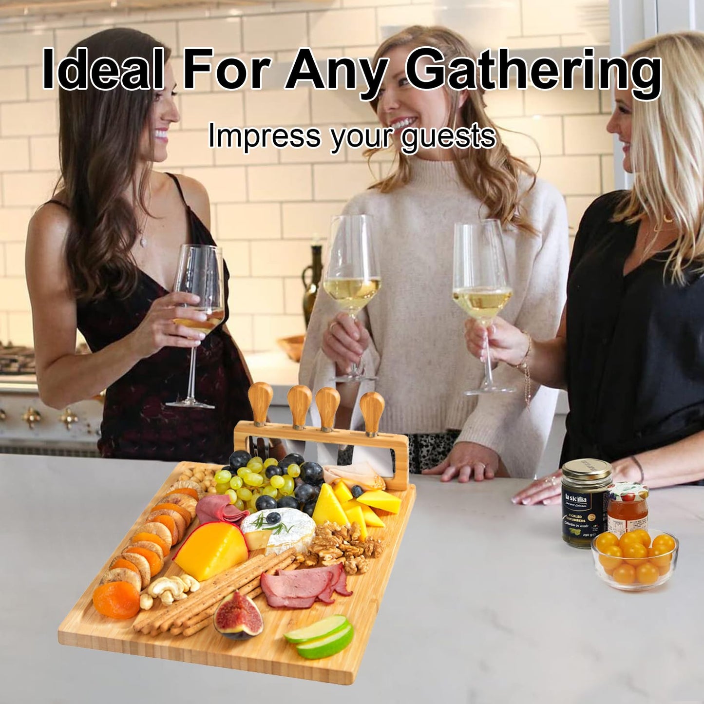 Cheese Board with Complete 4-Piece Knife Set – Perfect for Charcuterie Boards Set & Cheese Platter, and House Warming Gifts New Home, Wedding Gifts for Couple, Bridal Shower Christmas Board (Single)