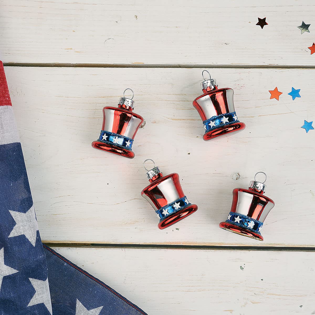 Lillian Vernon Uncle Sam Blown Glass Patriotic Ornaments - Handcrafted Hanging Tree Decorations, Uncle Sam American Hat Party Decor, 1.25 in, American, 12-Piece Set
