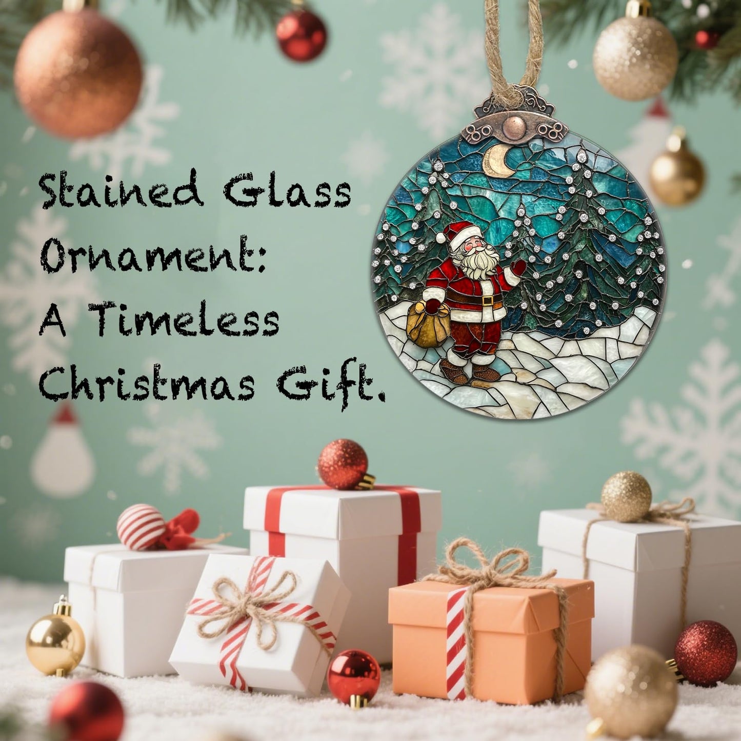 AMDERVEN Stained Glass Christmas Decorations, Santa Claus Giving Gifts Suncatcher for Window Christmas Tree Hanging Ornaments Snow Scene Sun Catcher Xmas Decor Gifts for Women Men Mom Nana Friend