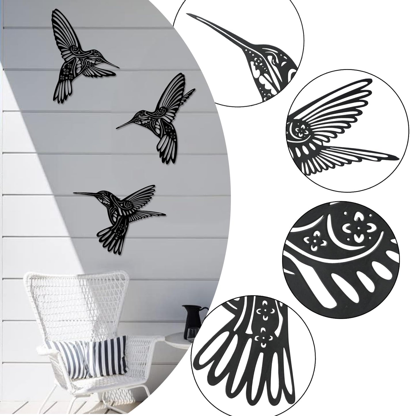 QZGXDECO Set of 3 Metal Hummingbird Wall Decor, 3D Iron Bird Wall Art for Outdoor Garden Fence, Patio & Yard Decorations, Large Hanging Sculptures for Living Room & Home, Gifts for Bird Lovers