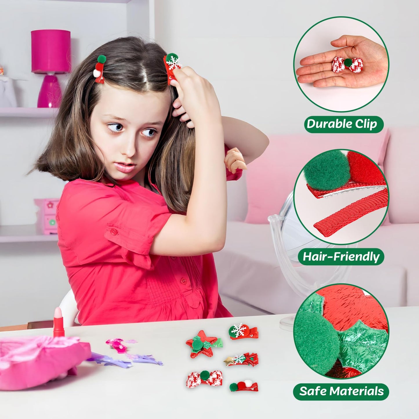 Christmas Hair Clips Set - Santa Hat, Snowflake, Bow & Star Barrettes for Women Girls Holiday Party (Red/Green) Hair Accessories for Women Girls (Pom Pom)