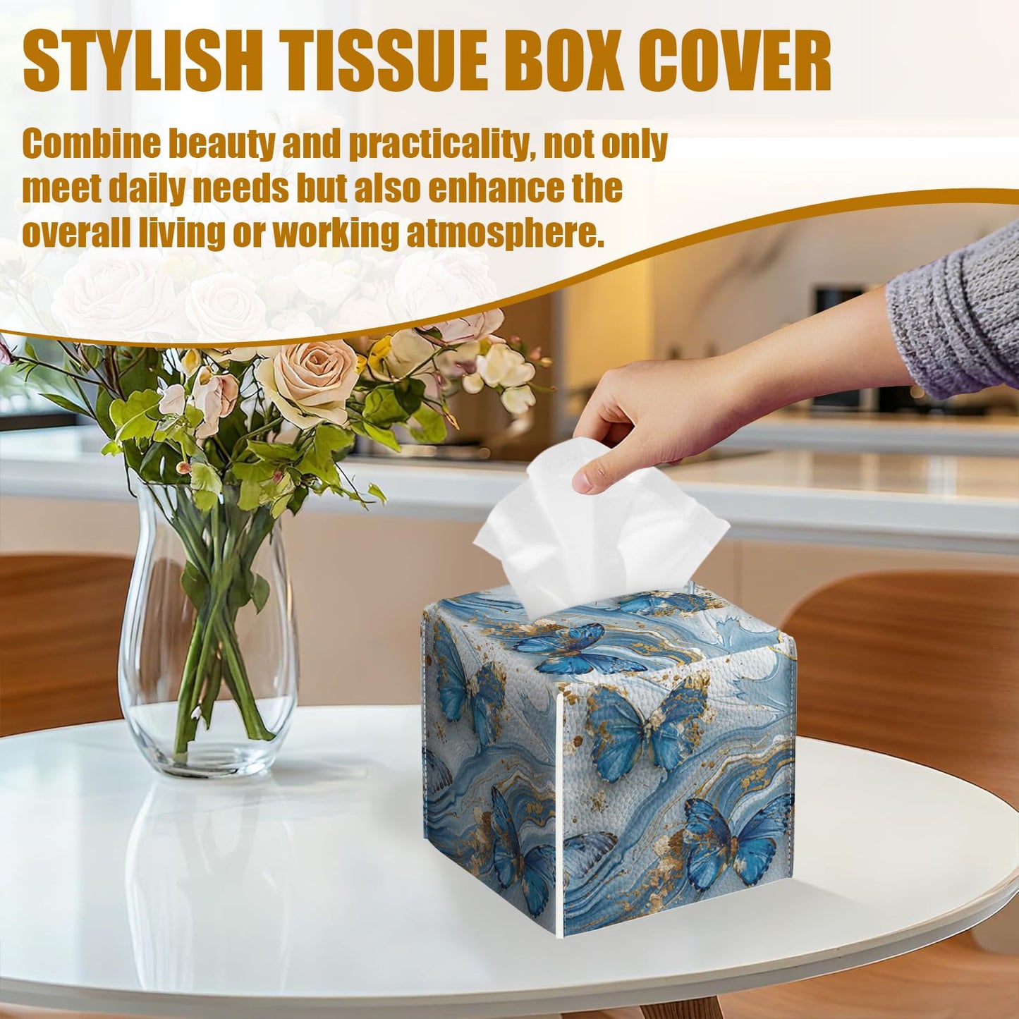 Blue Butterfly Tissue Box Cover 2PCS, Marble Leather Tissue Box Holder Square Facial Paper Case Tissue Box Cube Organizer for Bathroom Bedroom Desk Office