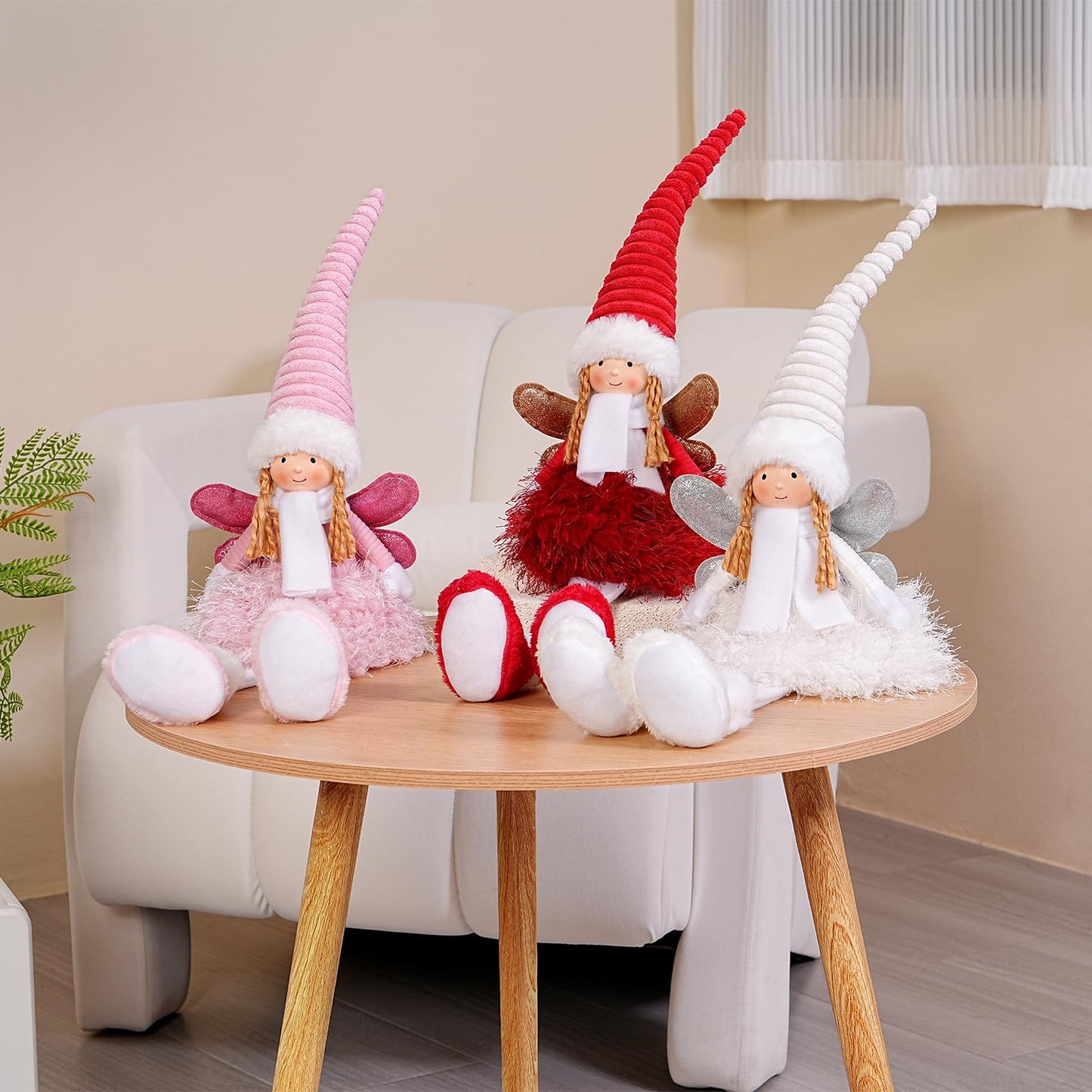 Dedrian11 Christmas Angel Figurine, Plush Shelf Sitter Fairy Doll with Poseable Wired Hat & Arms, White Tabletop/Mantel/Window Decor, Holiday Home Decoration Gift