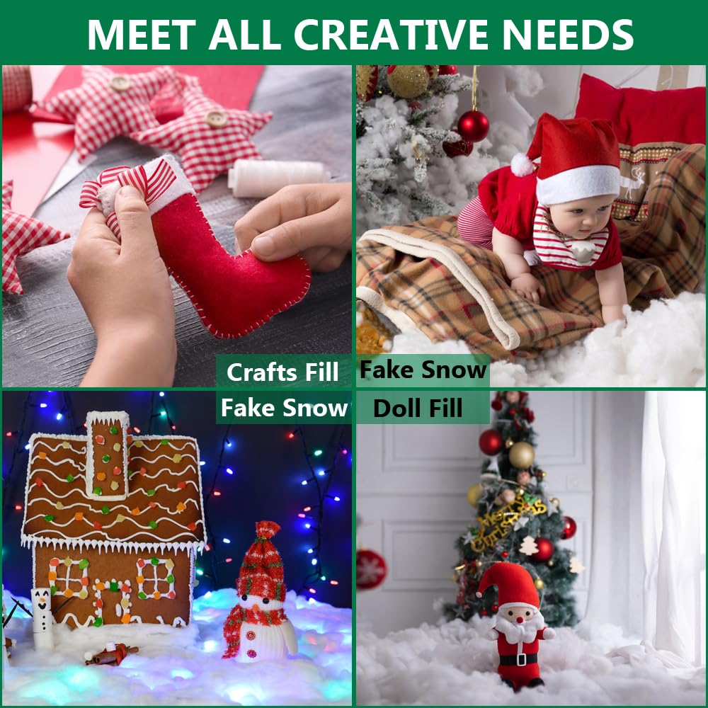 Christmas Fake Snow Decor, 1LB/500g Flame-Resistant & Hypoallergenic Artificial Snow Cotton, Vacuum Sealed for Easy Fluffing, Perfect for Christmas Villages, Mantels, Tree Skirts & Winter Decorations