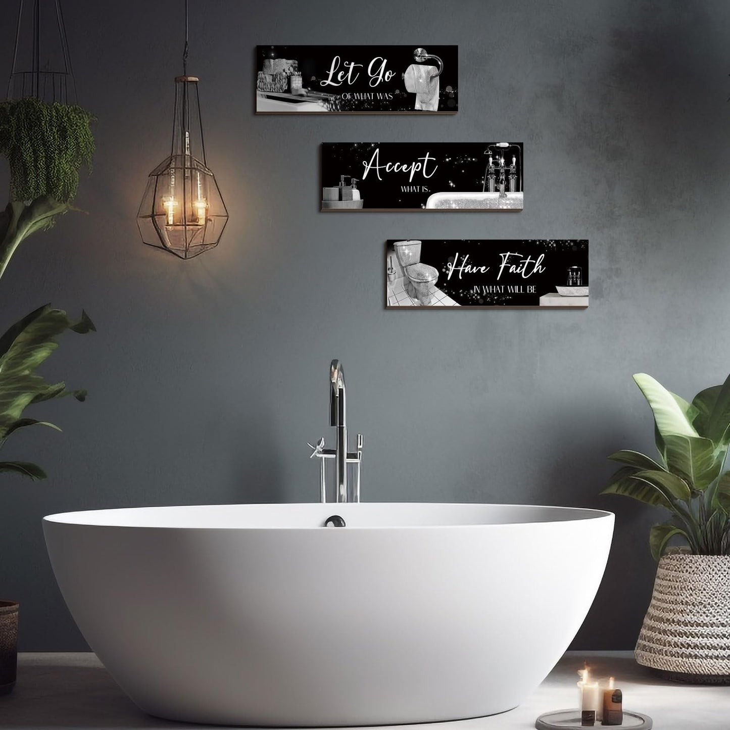 Honoson 3 Pcs Bathroom Decor Wall Art Bathroom Pictures Decor Accept Let Go Have Faith Wood Wall Hanging Sign for Home Spa Laundry 11. 8 x 3. 9 x 0. 2 Inches (Silver)