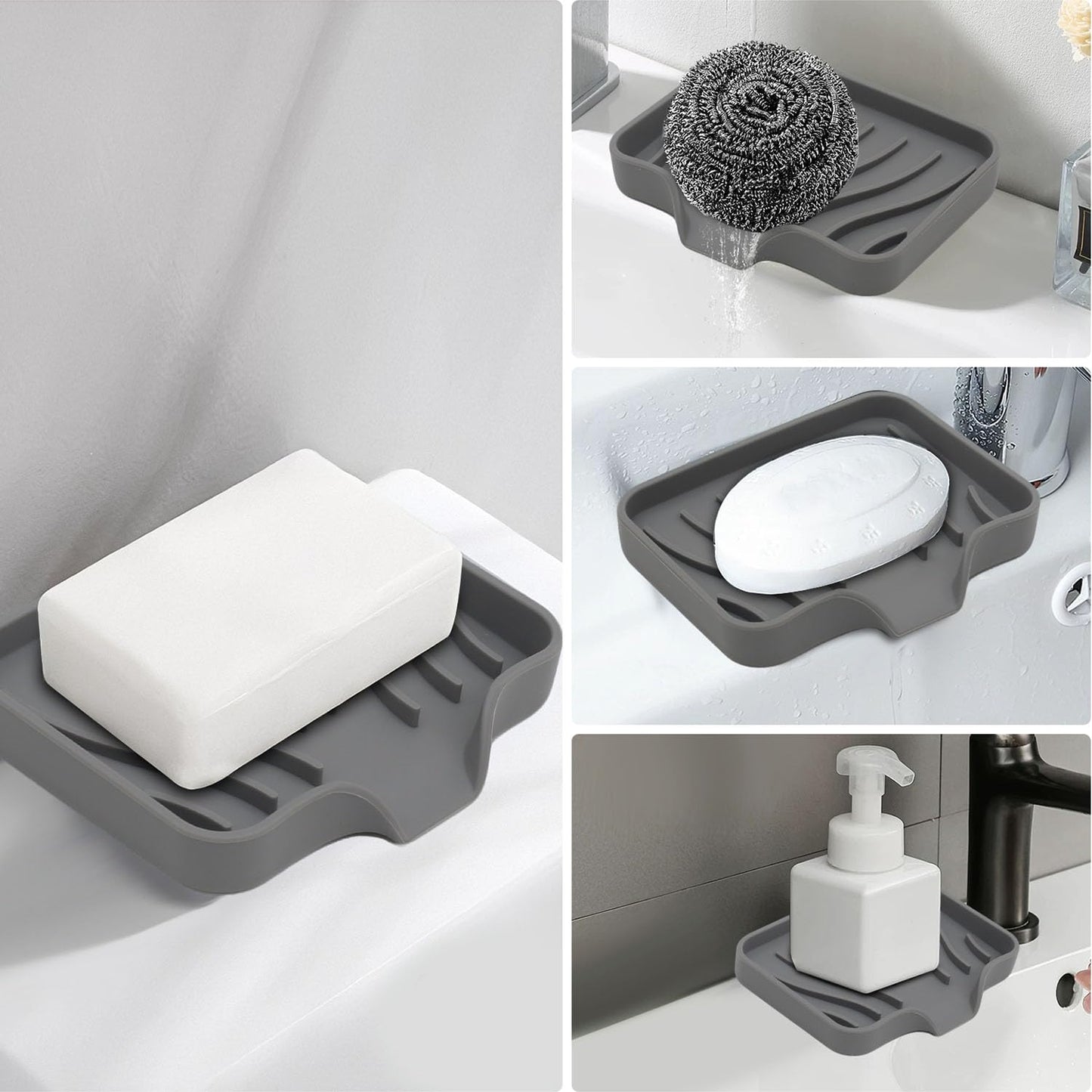 Soap Dish with Drainage, Gray Silicone Soap Holder for Bathroom Sink, 2 Pack
