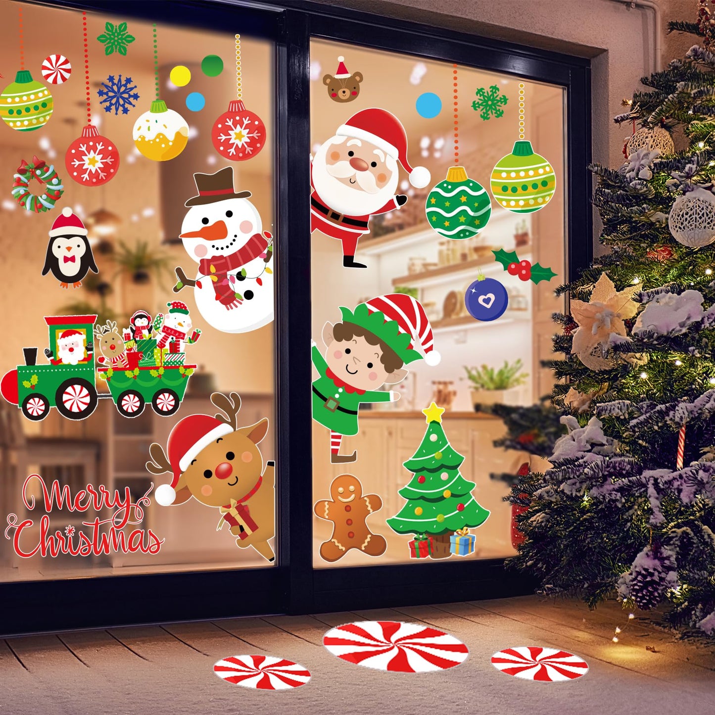 Christmas Wall Decals Stickers 96PCS Removable Large Merry Xmas Wall Decorations Christmas Bathroom Decor Santa Claus Snowman Reindeer Window Clings for Outdoor Indoor