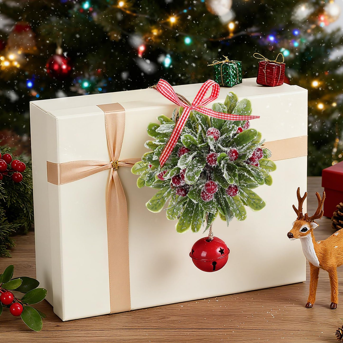 Forwe Mistletoe Christmas Decor Artificial Mistletoe Kissing Ball Ornament with Bell Bow Berries Hanging Christmas Decorations for Doorway Arch Light Fixture Xmas Tree (Red)