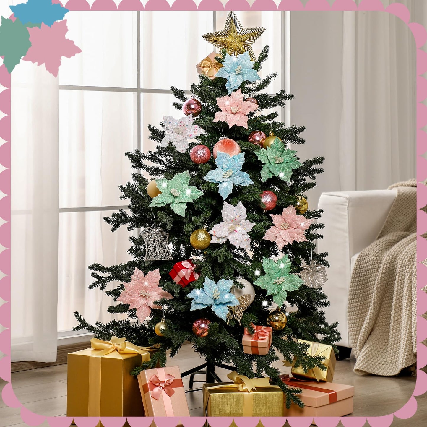 Thiccywoov 12 Pcs Christmas Tree Pastel Poinsettia Christmas Candyland Decorations Glitter Flowers 6" Xmas Tree Decorations with Clips Stems Xmas Ornaments for Wedding Party Wreath Decoration