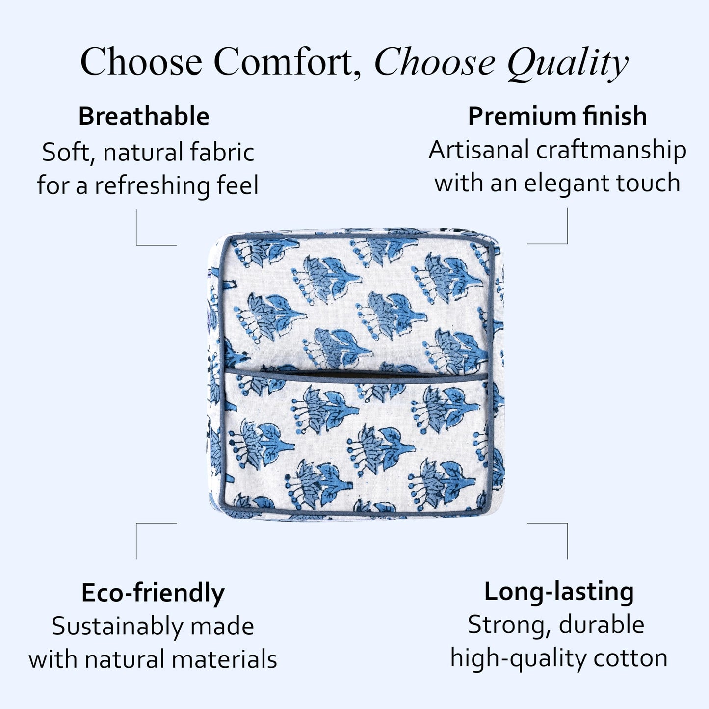 CPC Apatite Blue Hand Block Printed Cotton Tissue Box Cover 5" x 5" x 5.5" Square Soft Reusable Boho Napkin Holder for Home Kitchen Dining Bathroom Office Cafe Spa, Gift for Spring, Mother's Day