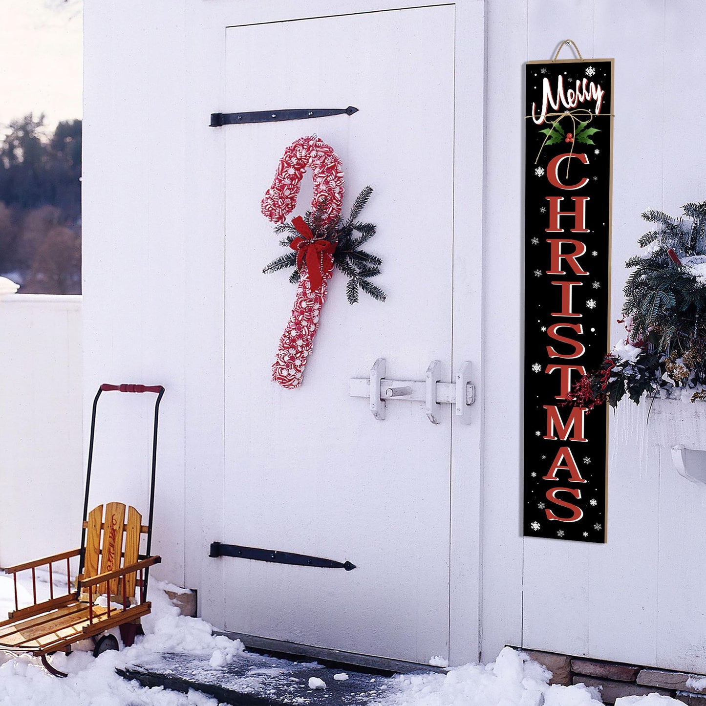 Merry Christmas Welcome Porch Sign Xmas Wooden Door Sign 47'' Large Porch Sign for Home Front Door Yard Party Decor