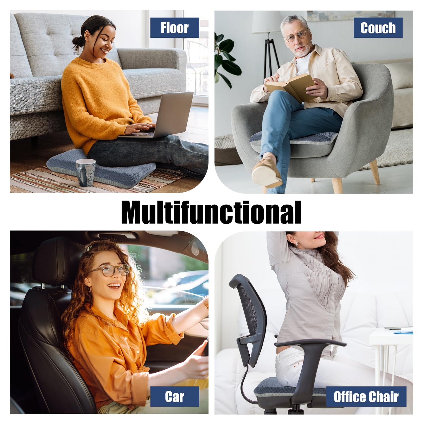HOMBYS Tufted Furry Recliner Seat Cushion for Elderly Foam Curved Edge Large Square Seat Cushion for Recliner Chair, Floor Pillow, Office Chair, Car, No Pressure on Thighs(Grey)