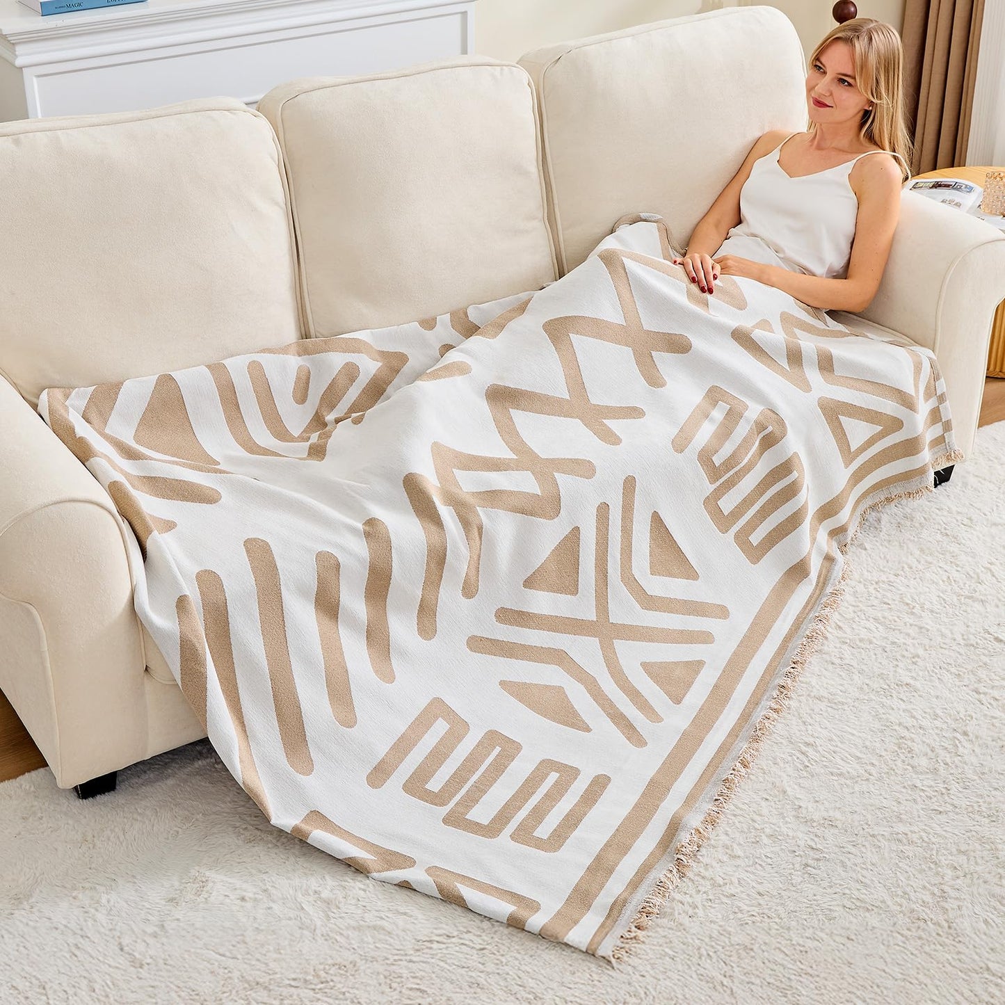 Taque Boho Couch Cover Sofa Covers for 2 Cushion Couch, Couch Covers Washable Blanket Sofa Covers, Chenille L Shape Sectional Couch Covers for Dogs, Sofa Blanket Cover for Living Room (Khaki)