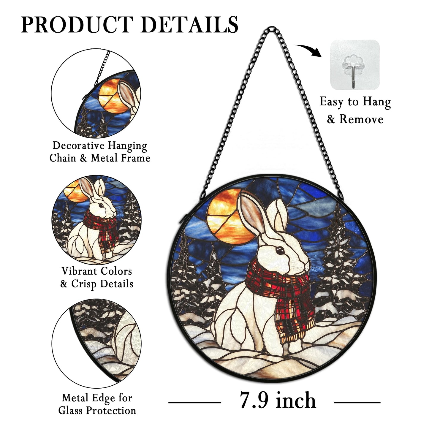 cvjutf Winter Christmas Bunny Suncatcher Stained Glass Window Hanging Decorstions, Nature Landscape Stained Glass Wall Decor, Winter Solstice Gifts, Forest Garden Lawn Sun Catchers Art, 7.9x7.9Inch