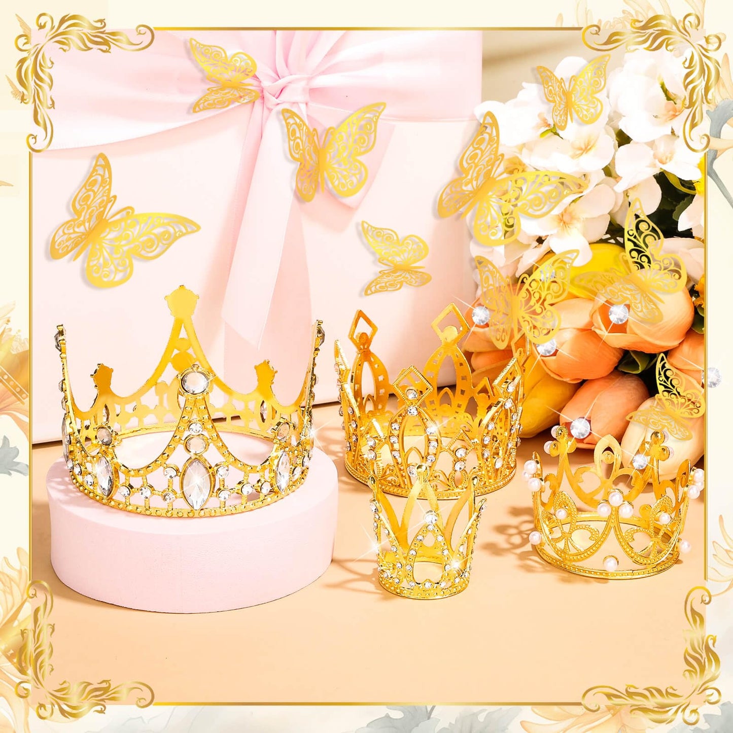 cridoz Gold Crowns for Flower Bouquets, Flower Bouquet Accessories Including 4 Pcs Bouquet Crown, 12 Pcs Butterfly Decorations and 50 Pcs Flower Pins for Birthday Wedding Baby Shower