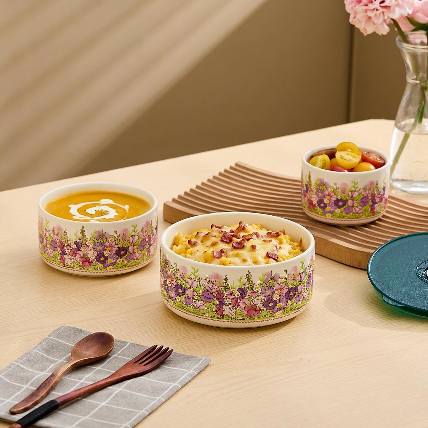 TAUFIKT Food Storage Containers with Lids, 4"/ 5"/ 6" Nesting Bowls Set, Serving Bowls with Lids Set, Pasta Ceramic Bowls Set Decorative Bowl for Soup, Stew, Cereal, Microwave and Oven Safe (Rose)