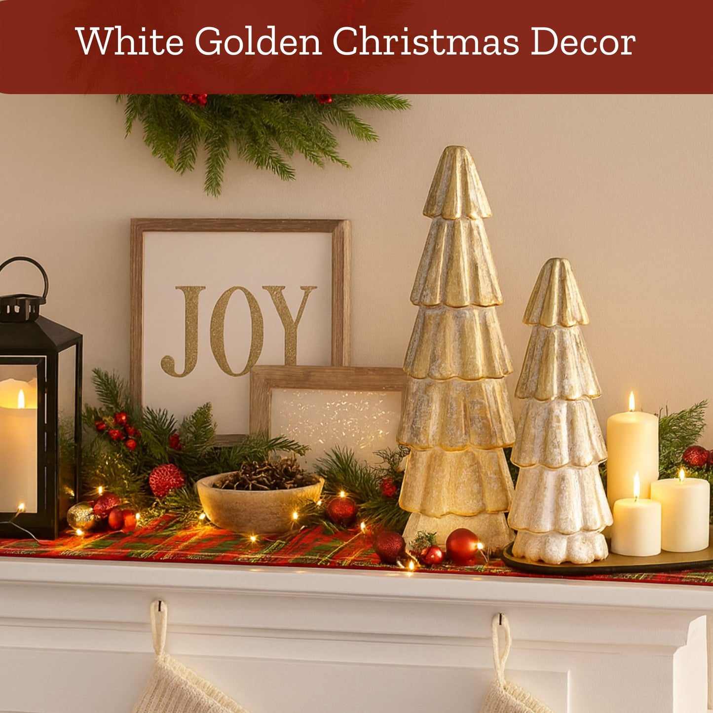 Mie Creations Christmas Tree Figurines, Set of 2 Wooden Decorative Trees for Home, Living Room, Table Centerpiece, Fireplace Mantel, Xmas Indoor Decor, Elegant White & Gold Christmas Trees-11,8 inch