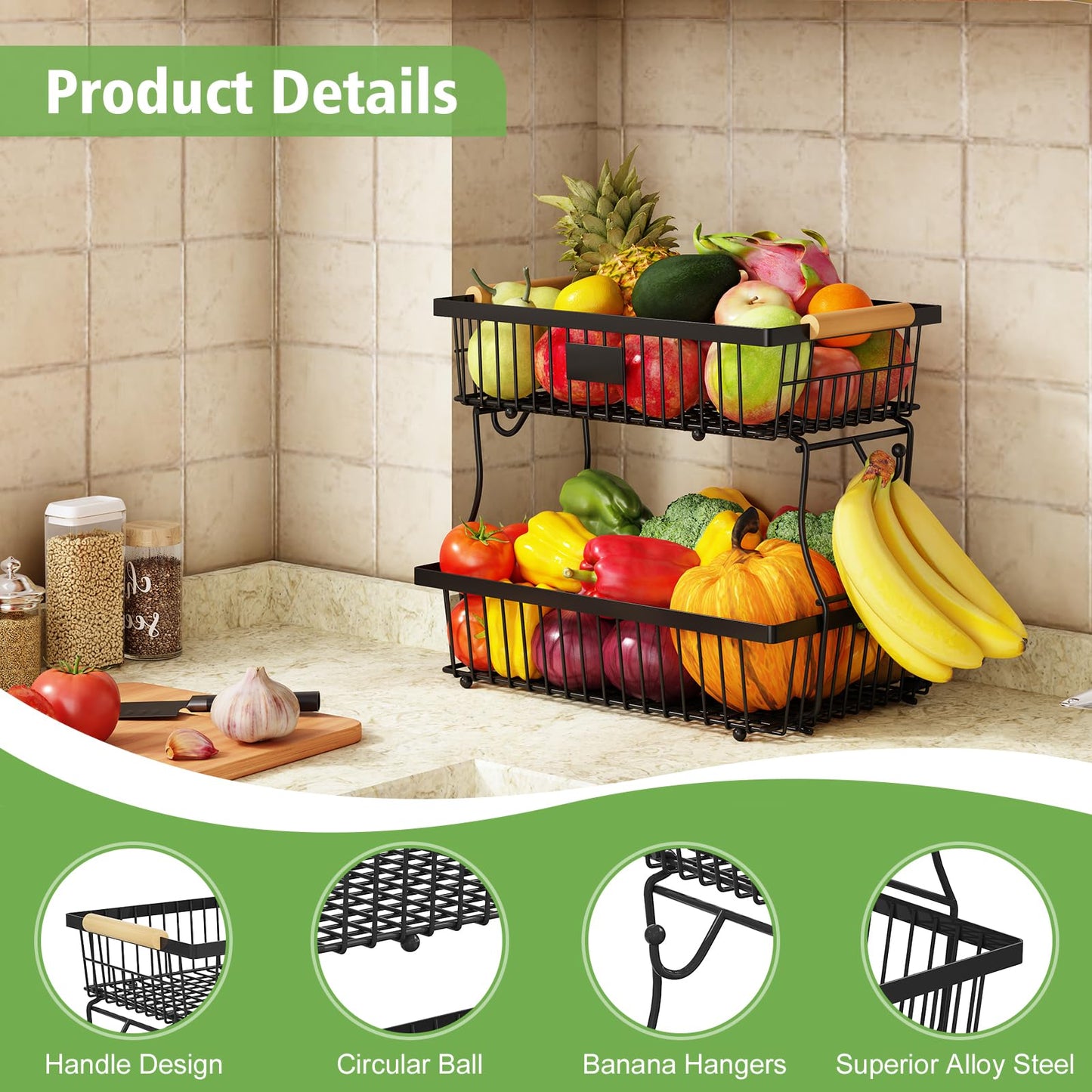 Astrorhine 2 Tier Fruit Basket for Kitchen Counter with 2 Banana Hangers, Countertop Metal Bread Basket with Wooden Handle, Large Storage Stand for Vegetables, Snacks, Eggs, Produce Storage – Black