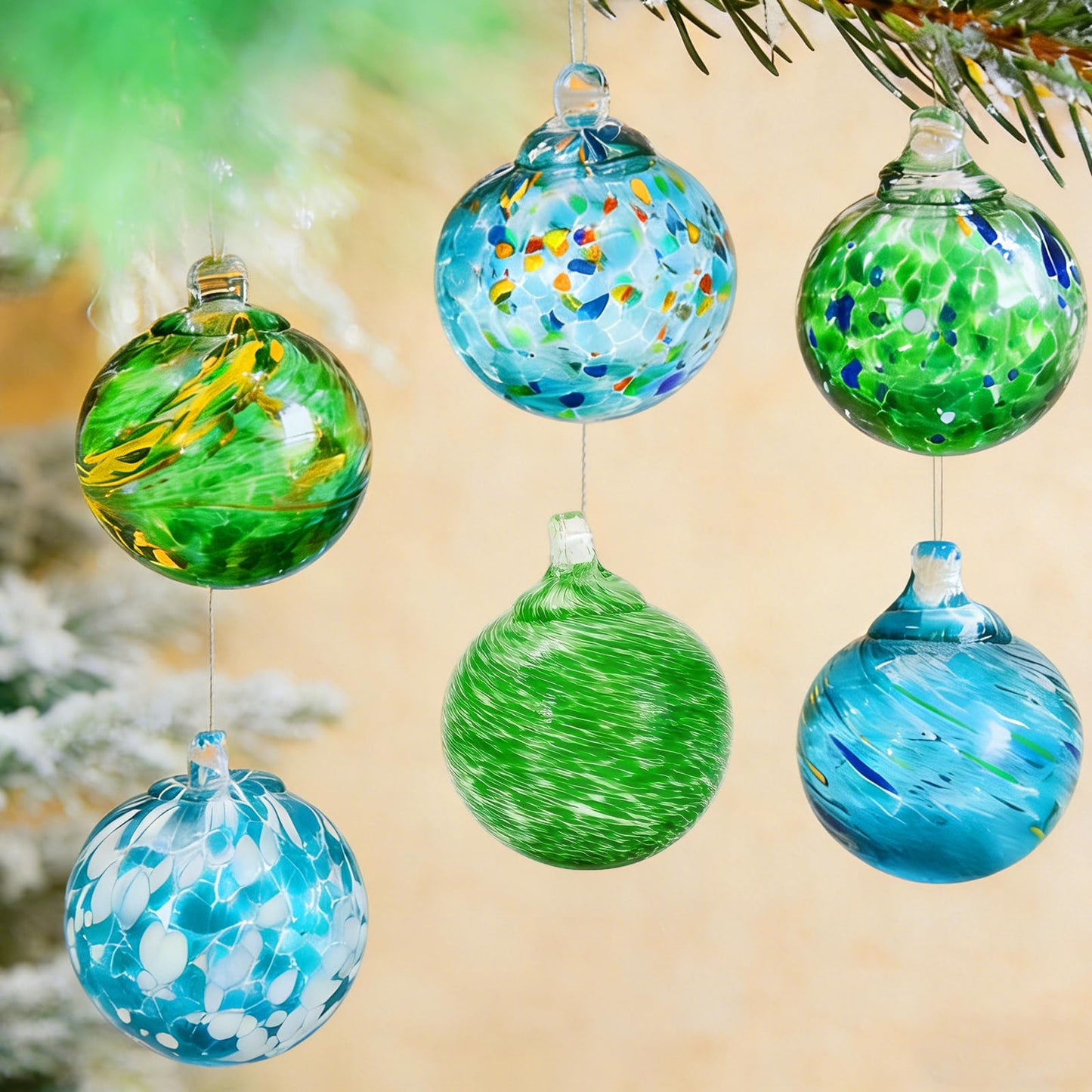 JarThenaAMCS 6Pcs Hand Blown Glass Ball Ornaments 2.4 Inch Blue Green Hanging Friendship Witch Balls for Home Party Garden Wall Window Decor