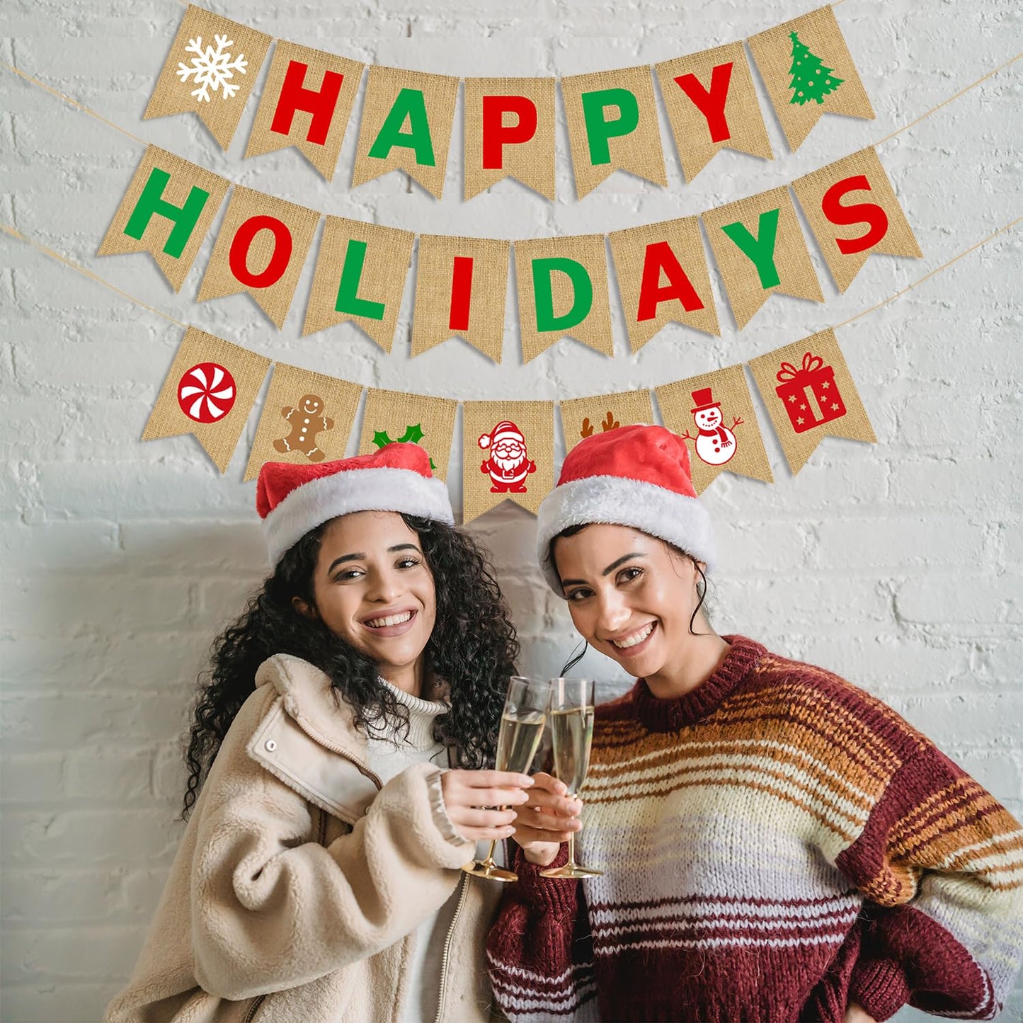 JKQ Happy Holidays Burlap Banner Jute Merry Christmas Bunting Banner with Snowflake Xmas Tree Santa Gingerbread Man Signs Winter Christmas Holiday Party Decorations for Mantle Fireplace Party Supplies