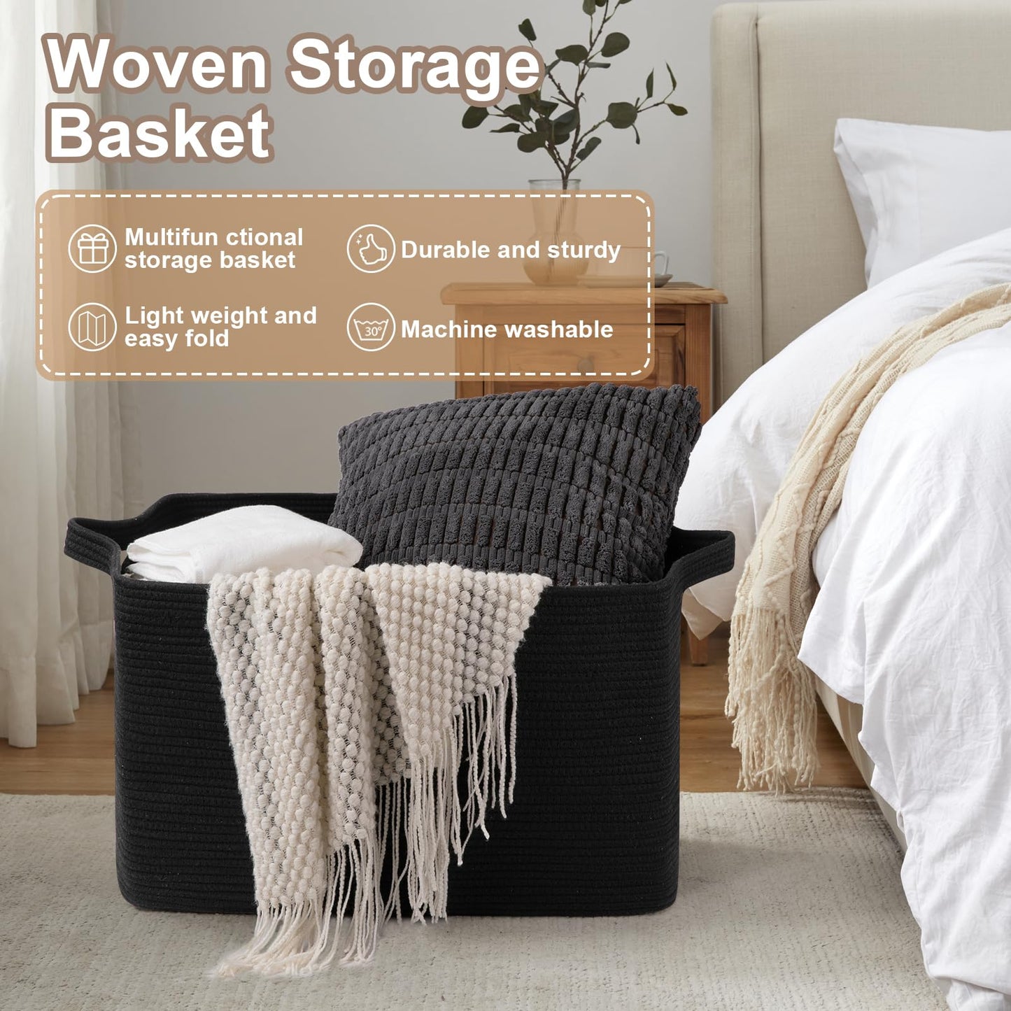 OIASKET 95L Extra Large Blanket Basket, 24" x 16.9" x 14.2" Woven Storage Basket for Living Room, Rectangle Nursery Blanket Storage for Toys, Towels, Dirty Clothes (Black)