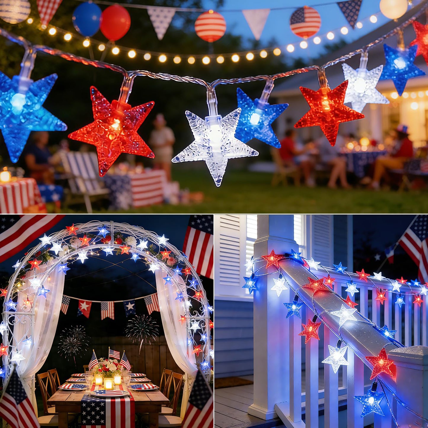 LAMPHOME 16FT 50 LED Patriotic Star String Lights, Clear Wire Battery Operated Waterproof Starry Lights with Remote & Timer for Independence Day, 4th July Window Porch Decoration
