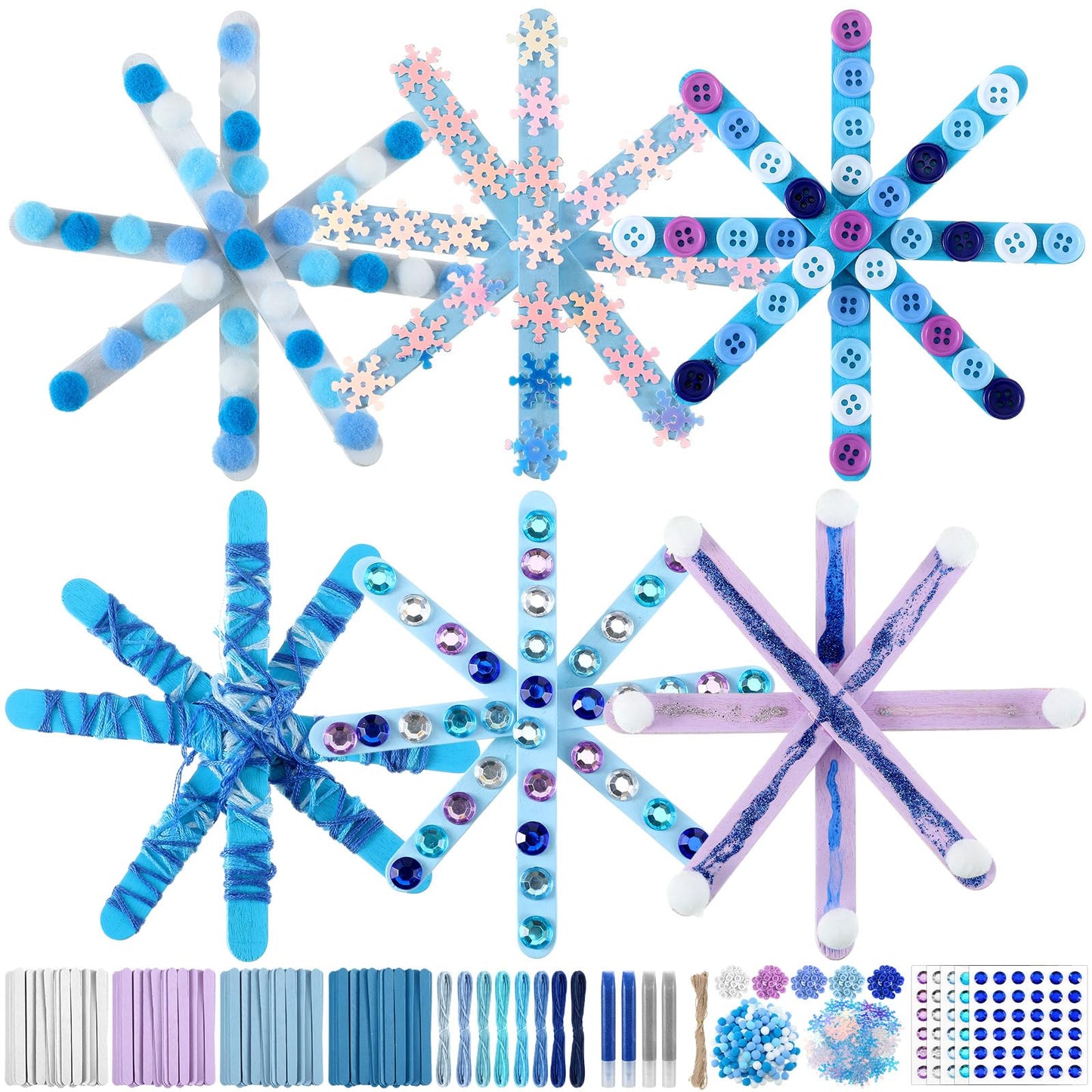 Jetec 25 Set Christmas Snowflake Craft Kit for Kids 6 Styles Christmas Ornament Make Your Own Snowflake with Pom Poms, Glitter Pens, Sequins, Diamond Sticker, Buttons, Cotton Thread for Xmas Tree