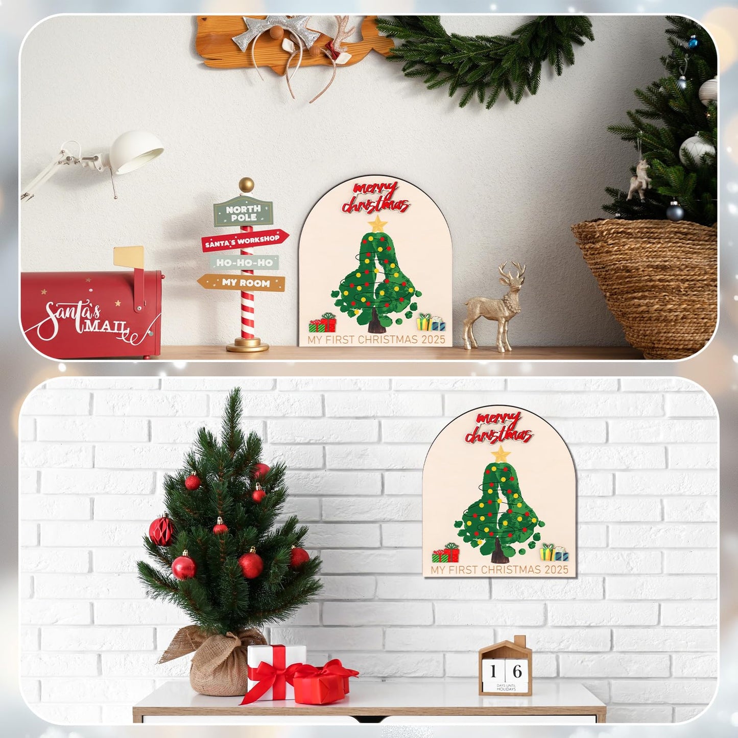 Thyle Baby First Christmas Footprint Ornament Wooden Mistletoe Craft Winter Baby Announcement Rustic Hanging Ornament Nursery Footprint Decorative for Newborn Photoshoot Prop