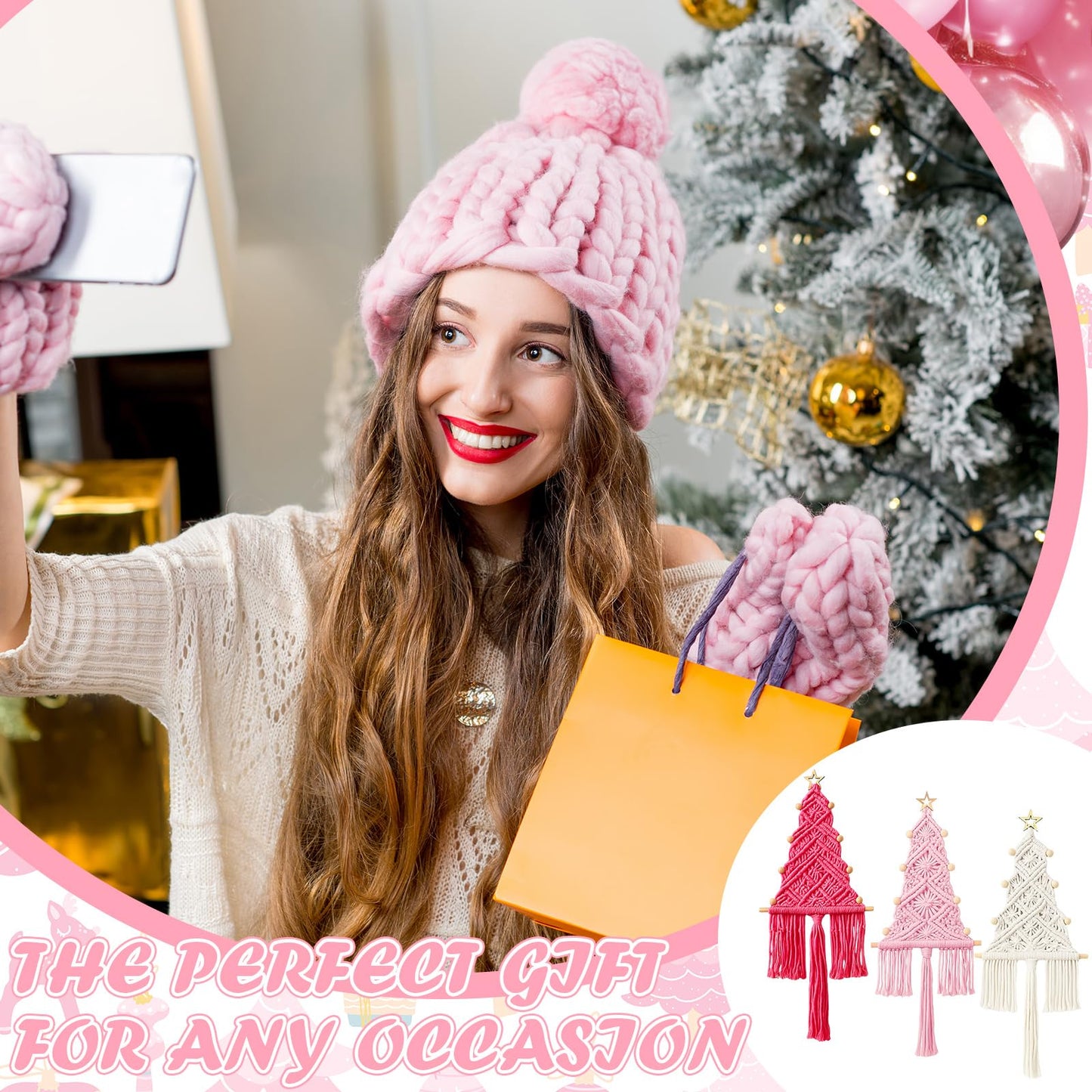 HunnmingRe Pink Christmas Tree 3 Set Macrame Christmas Wall Decoration Hanging Ornaments Boho Wall Decor for Party Supplies(Beige, Light and Dark Pink)