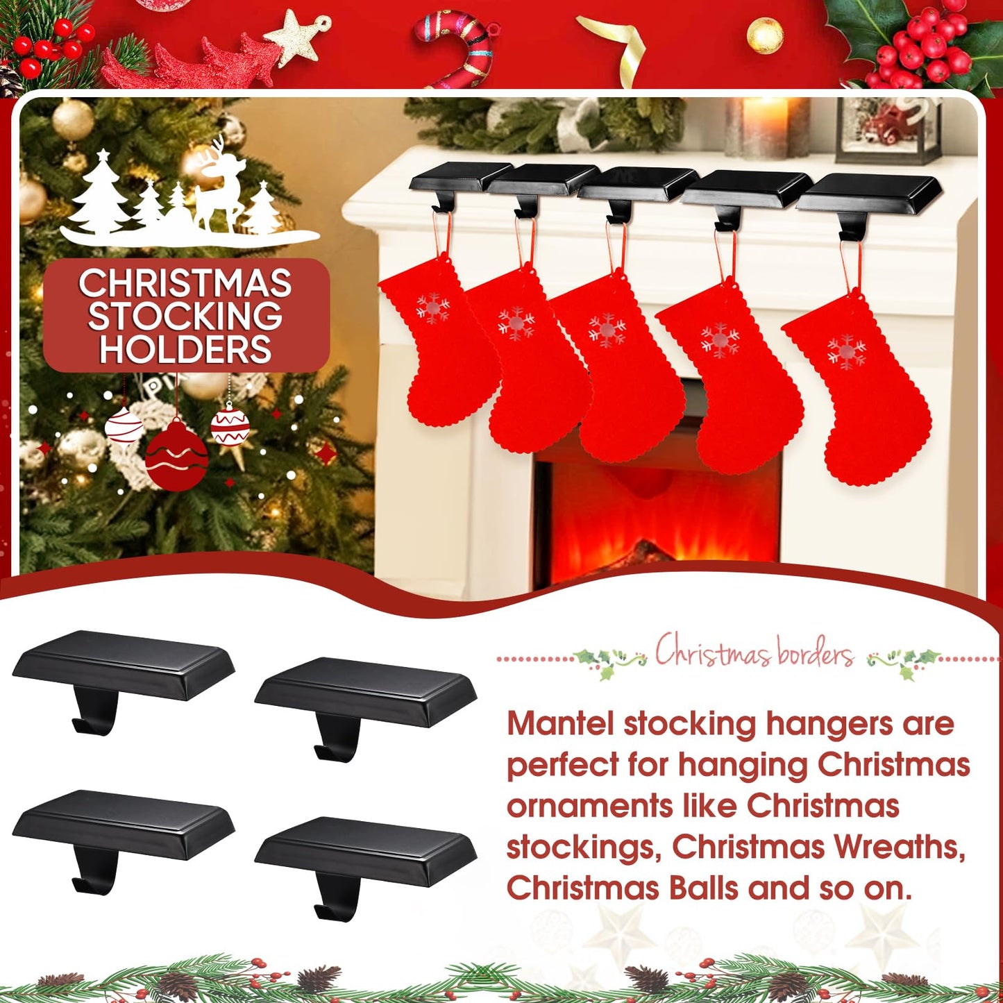 Christmas Stocking Holders for Mantle, Weighted Stocking Hangers, Christmas Stocking Hooks for Tables Window Fireplace Mantle Decoration(Black,4PCS)