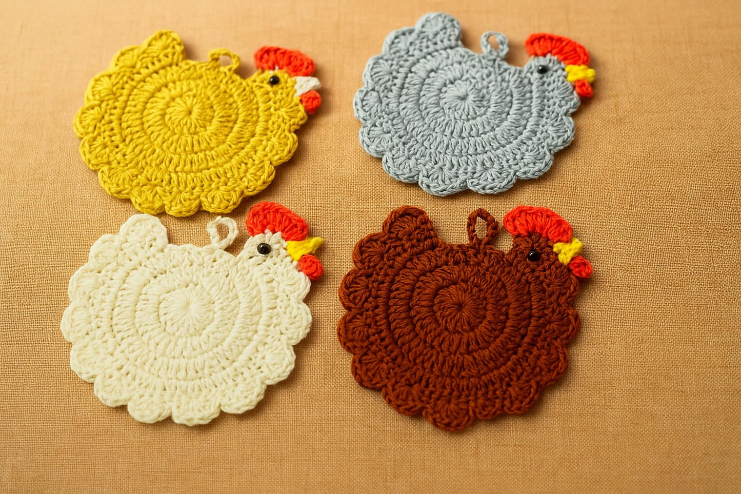 Handmade Crochet Chicken Coasters Set of 4, Mom, Stuffed Animal-Themed Drink Coasters, Cute Desk Accessories, Home Decor, Tabletop Protection, Crazy Chicken Lady Must Have