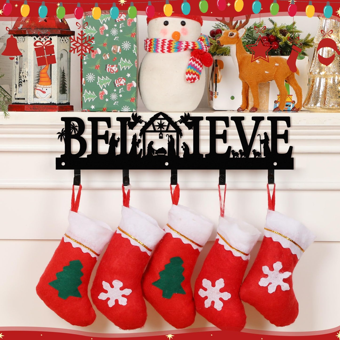 Cinnvoice Nativity Christmas Stocking Holder for Wall with 5 Hangers Metal Christmas Stocking Wall Hanger Mantel Rack Hanging Mount Hook for Holiday Xmas Fireplace Decoration, Black(Believe)