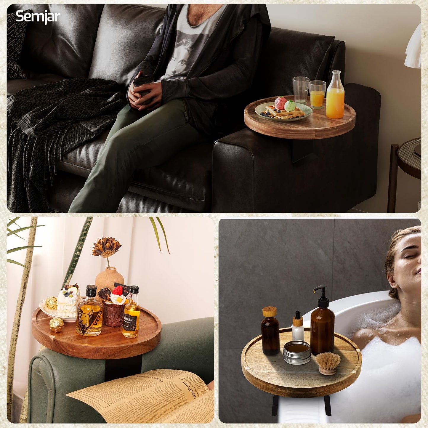 Semjar Acacia Wood Couch Arm Tray Table,Anti-Slip Adjustable Round Sofa Arm Tray,Wooden Armrest Caddy Table for Couches,Arm Chair Companion for Drinks Cellphone TV Remote Snacks