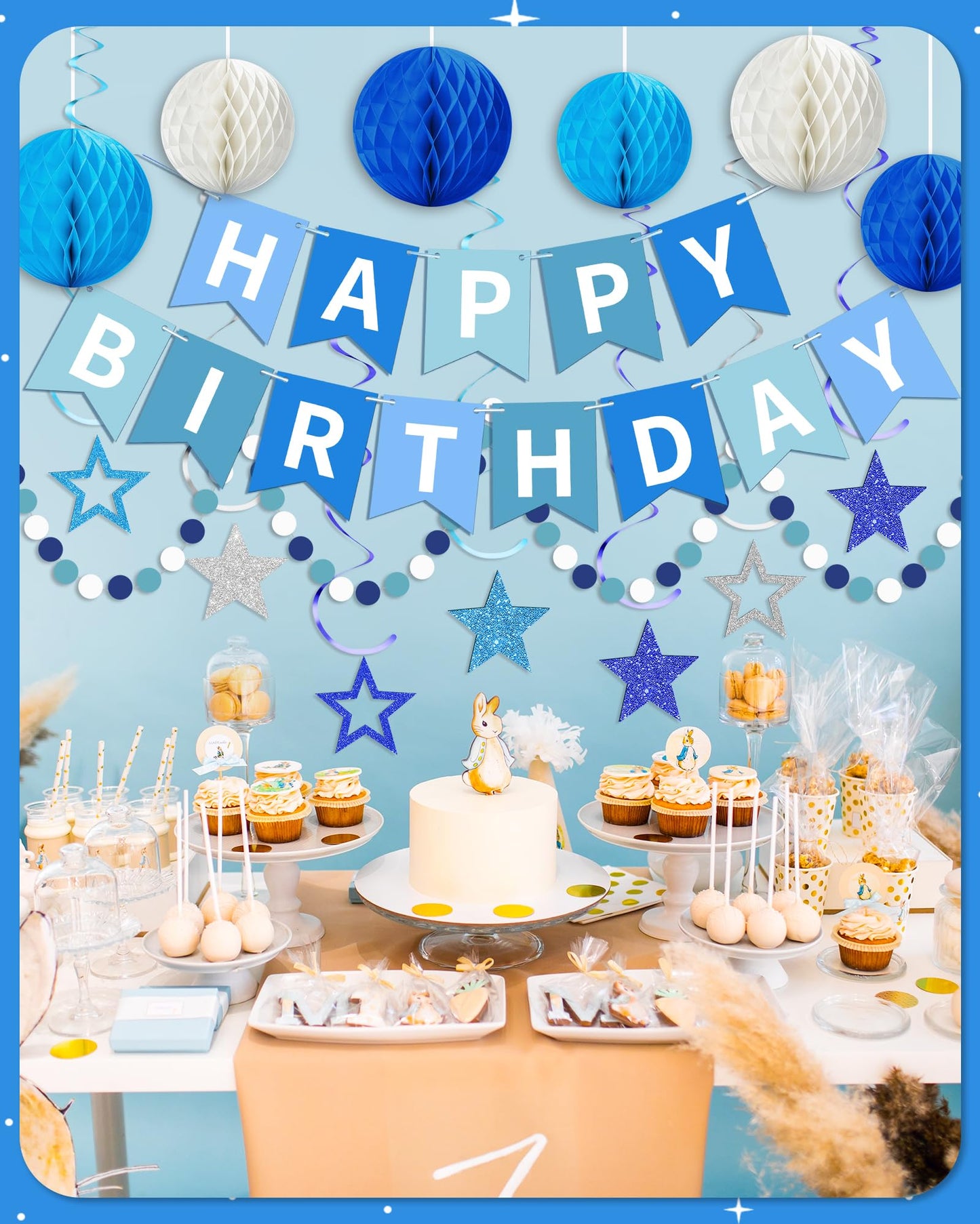 Blue Happy Birthday Decorations, Happy Birthday Banner with Honeycomb Balls, Stars Hanging Swirl Streamers, Dots Garland, Party Decorations for Men Boys Women Girls
