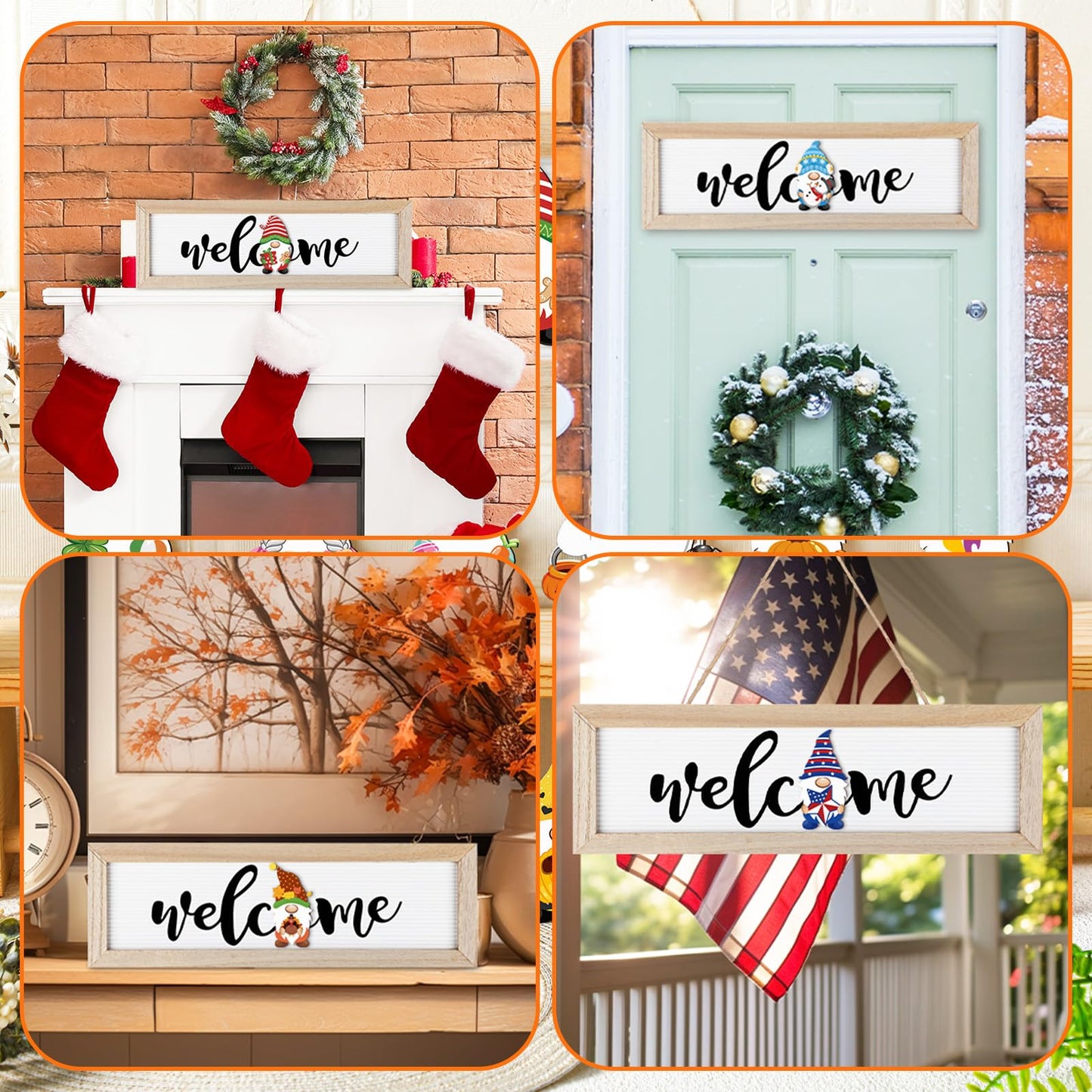 Bucherry Interchangeable Welcome Seasonal Tabletop Sign with 16 Pcs Seasonal Gnome Magnet Icons Holiday Christmas Wooden Horizontal Plaque Hanging Wall Sign Gift for All Seasons Counter Table